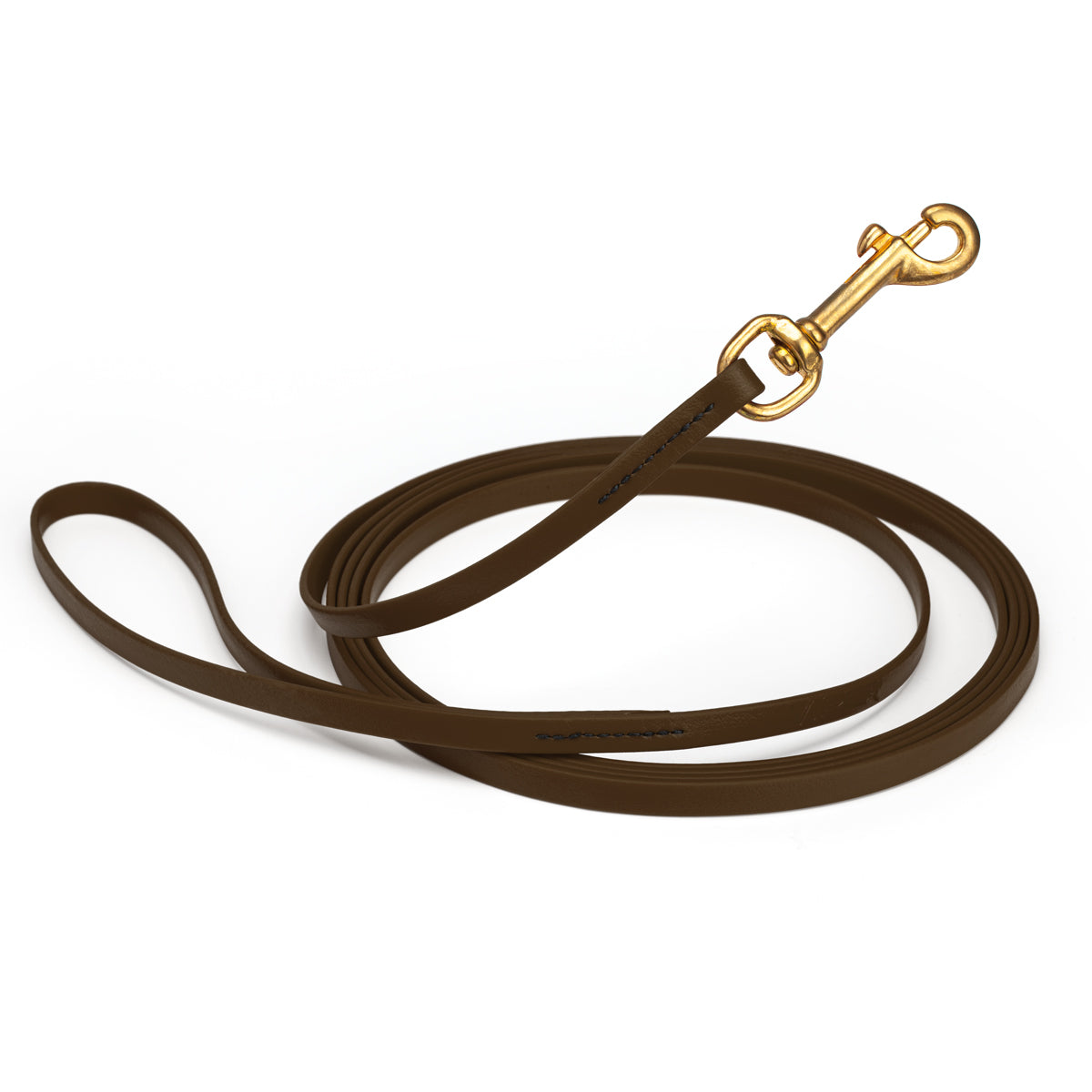 Waterproof Dark Chocolate Brown dog leash, 20 ft long, 3/8 in wide, made from Biothane with brass hardware