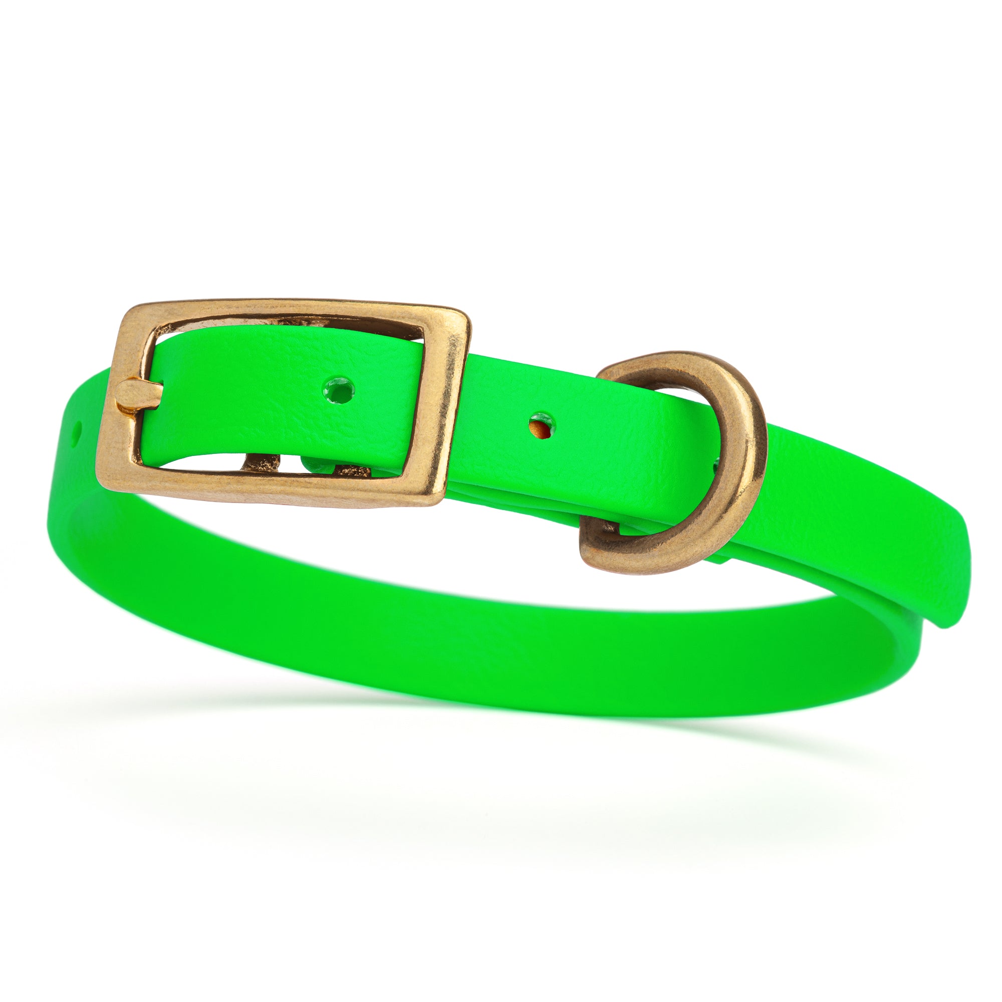 Waterproof collar for small dogs, made from Biothane with brass hardware, width 1/2 inch, Tropical Green