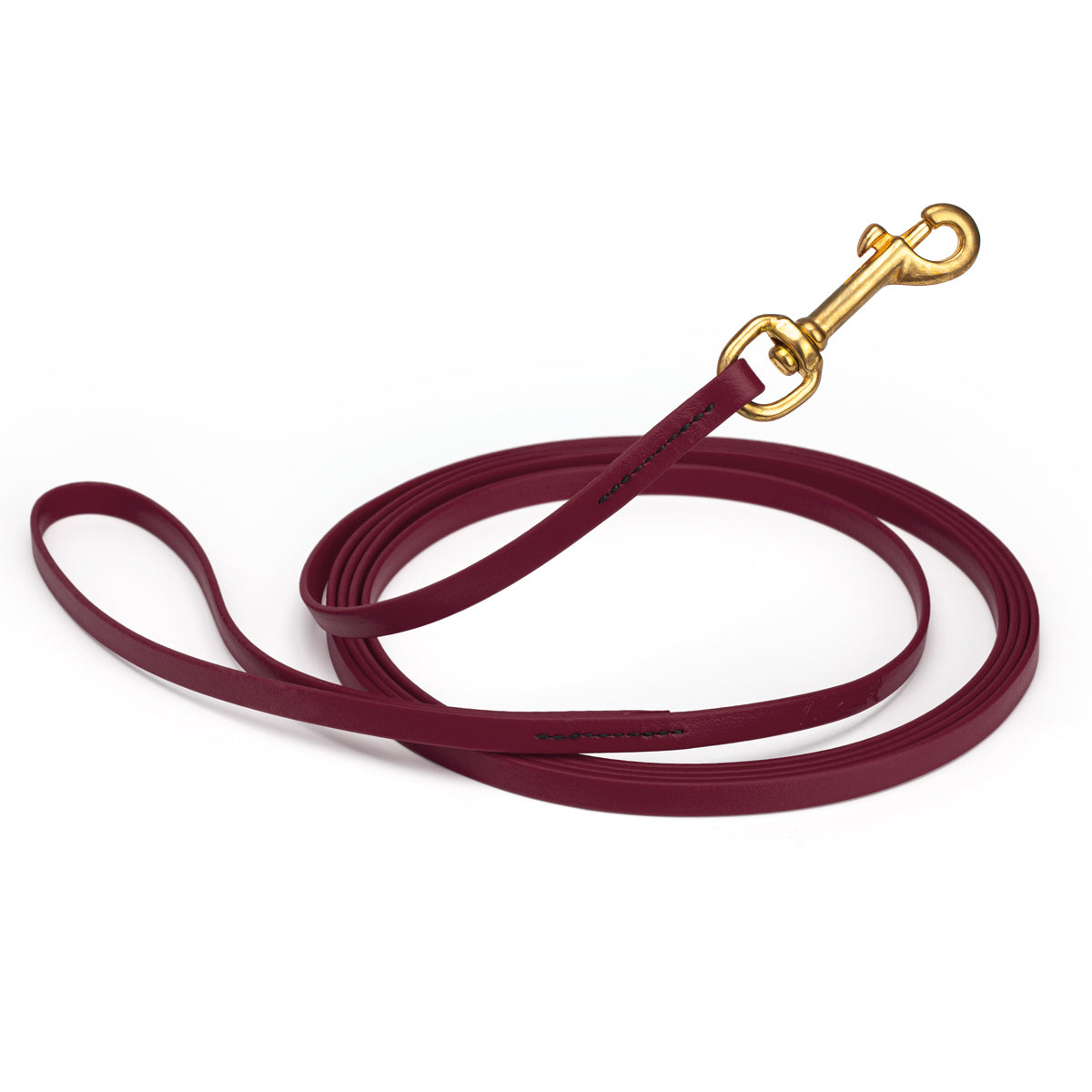 Waterproof Merlot Burgundy dog leash, 20 ft long, 3/8 in wide, made from Biothane with brass hardware