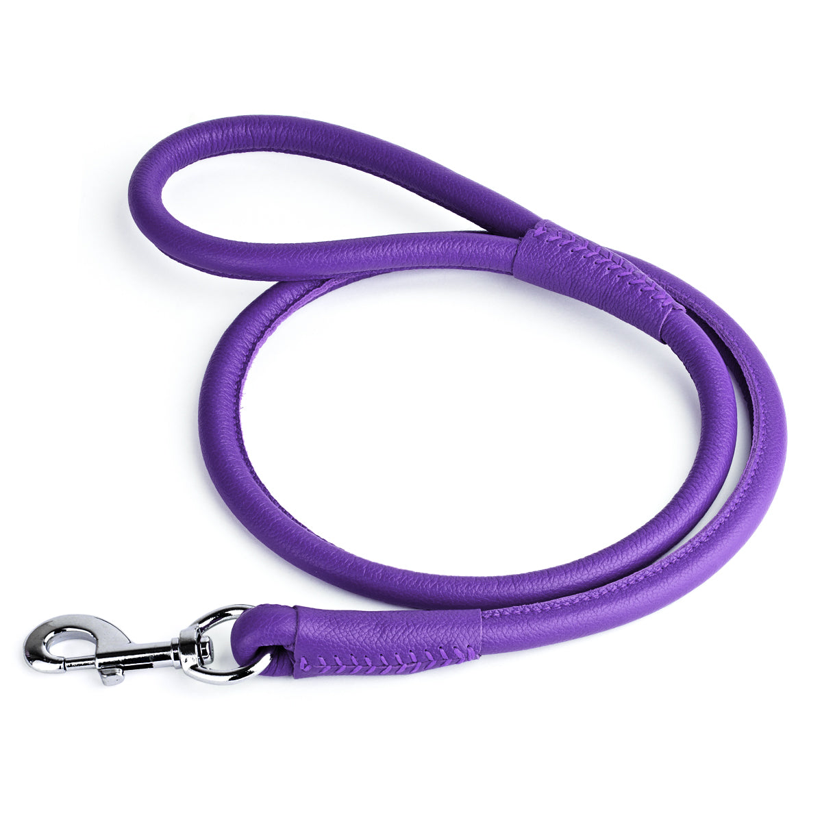Purple leather dog leash with metal swivel snap hook, round design, 4 feet long
