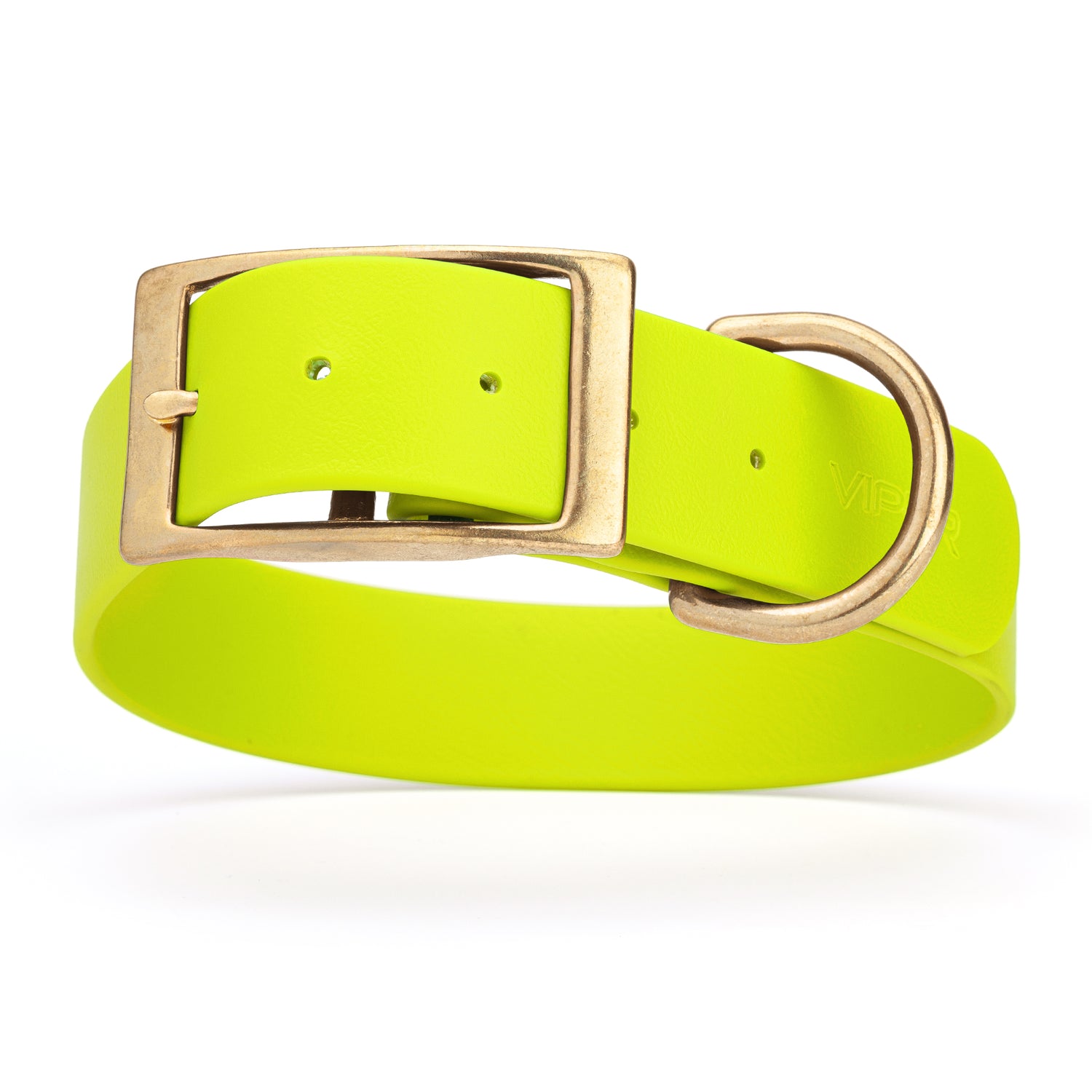 Safety Yellow dog collar with brass buckle and D-ring, made from waterproof Biothane, 1.5-inch wide, fits large and giant dogs
