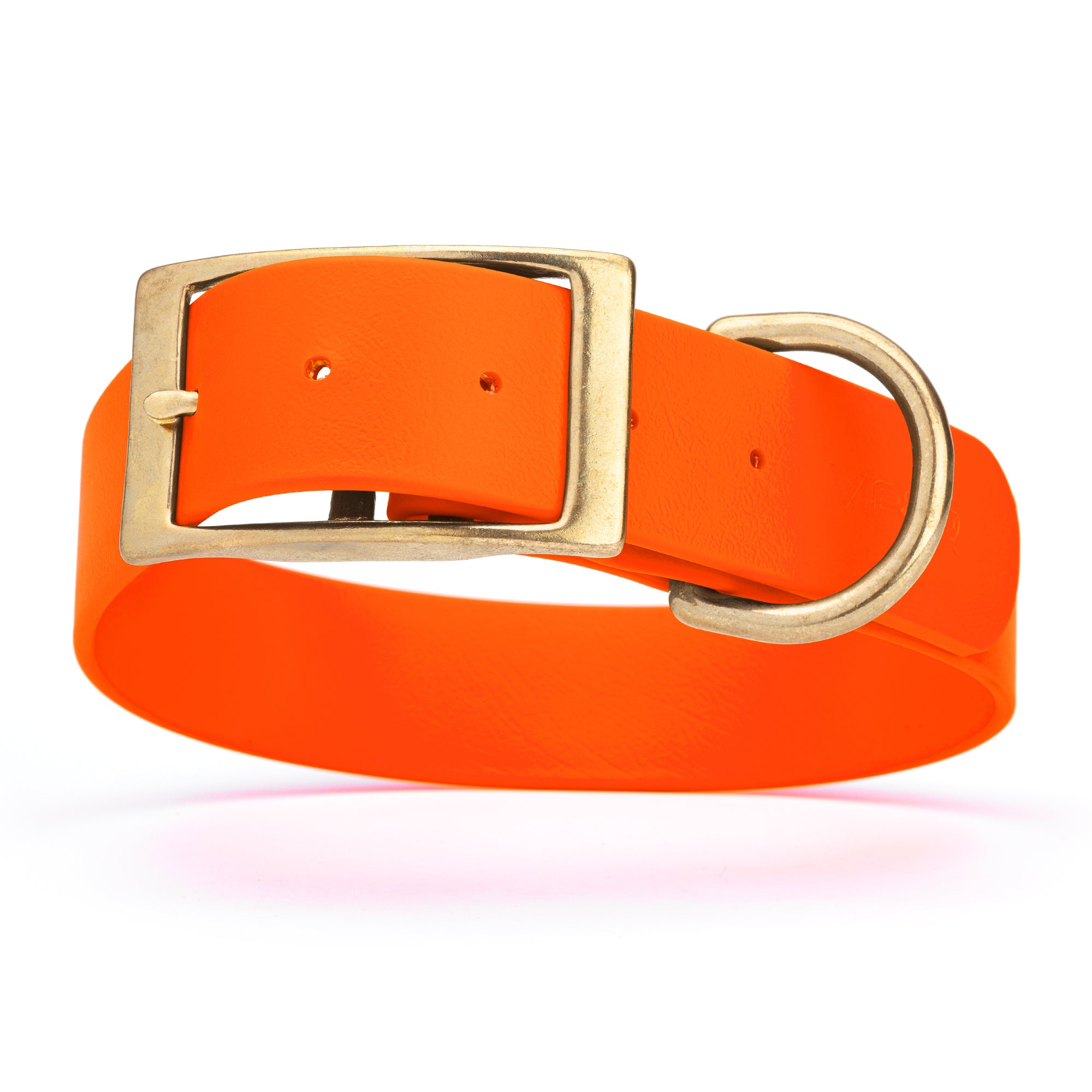 Hunter Orange dog collar with brass buckle and D-ring, made from waterproof Biothane, 1.5-inch wide, fits large and giant dogs