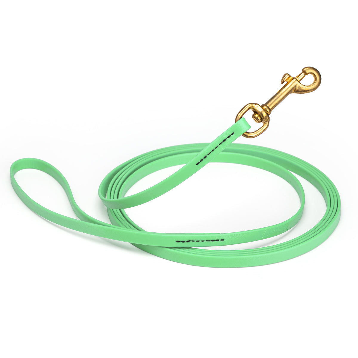 Waterproof Seafoam Green dog leash, 20 ft long, 3/8 in wide, made from Biothane with brass hardware