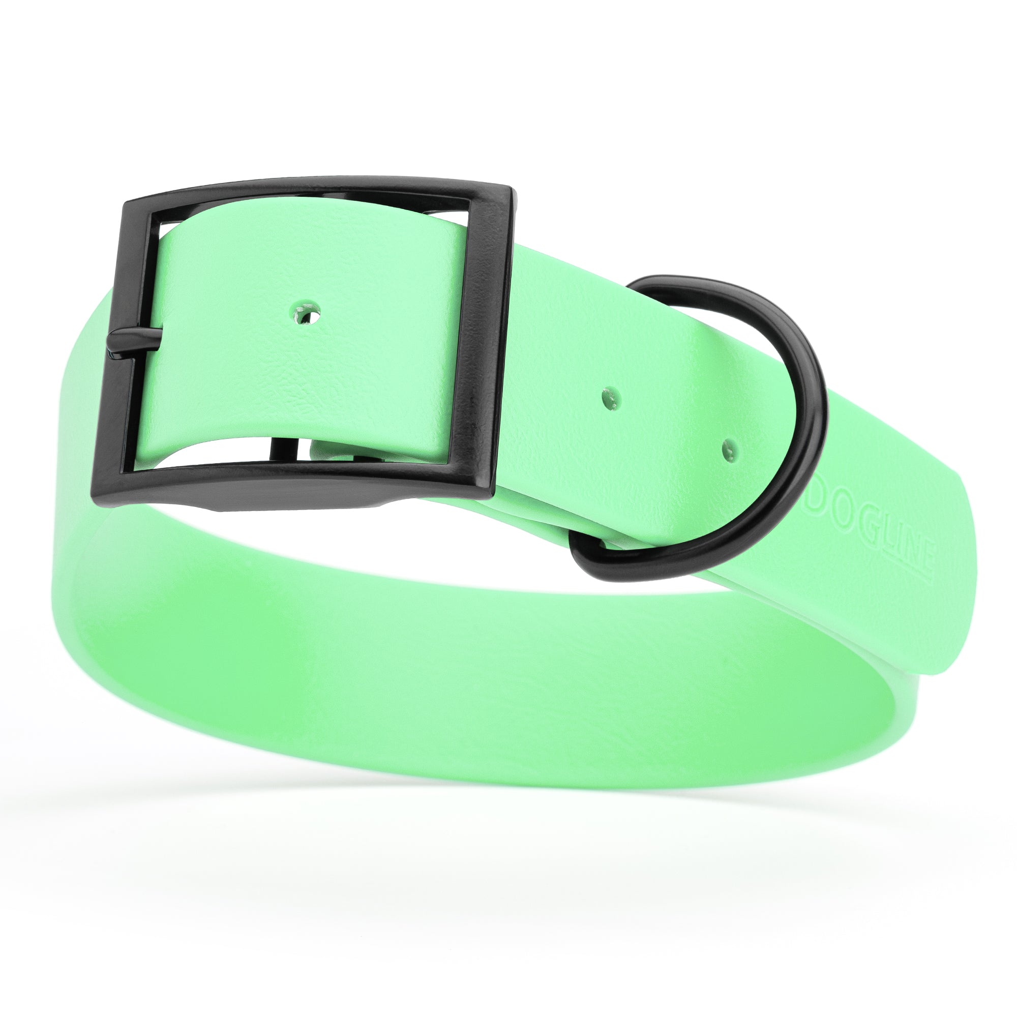 Seafoam Green waterproof collar for large dogs, 1.5 inches wide, made from Biothane, with black metal hardware
