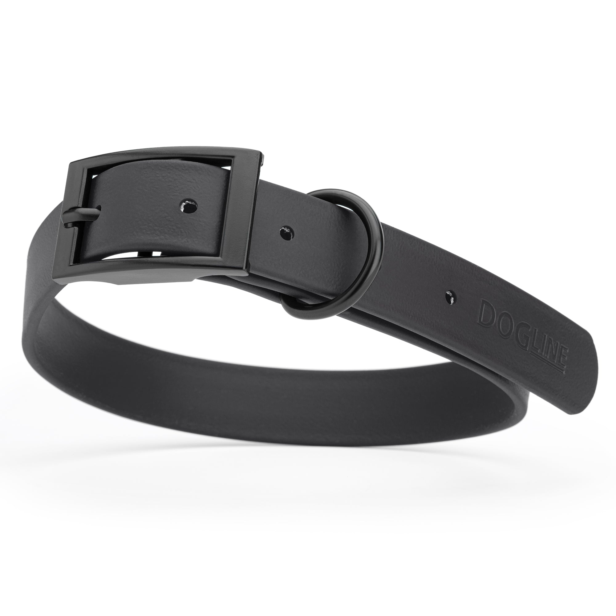 Waterproof Black dog collar with black metal buckle and D-ring, made from Biothane, width: 1 inch, large