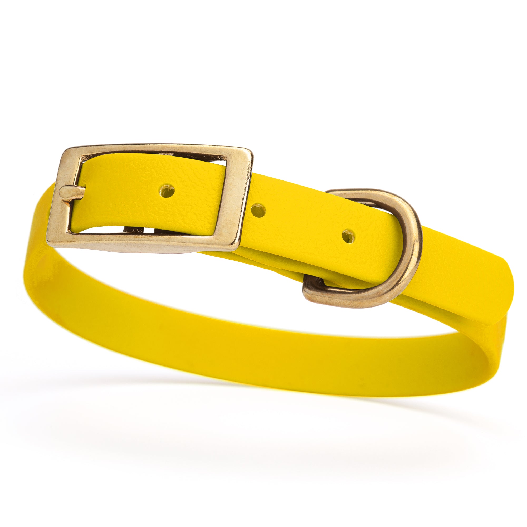 Lemon Yellow collar for small dogs with brass buckle and D-ring, made from waterproof and smell proof Biothane, width 3/4 inch