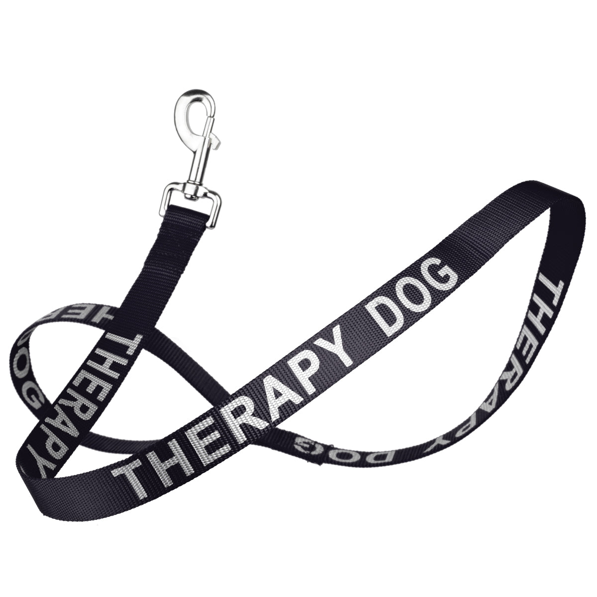 Black nylon dog leash with Therapy Dog lettering reflective text