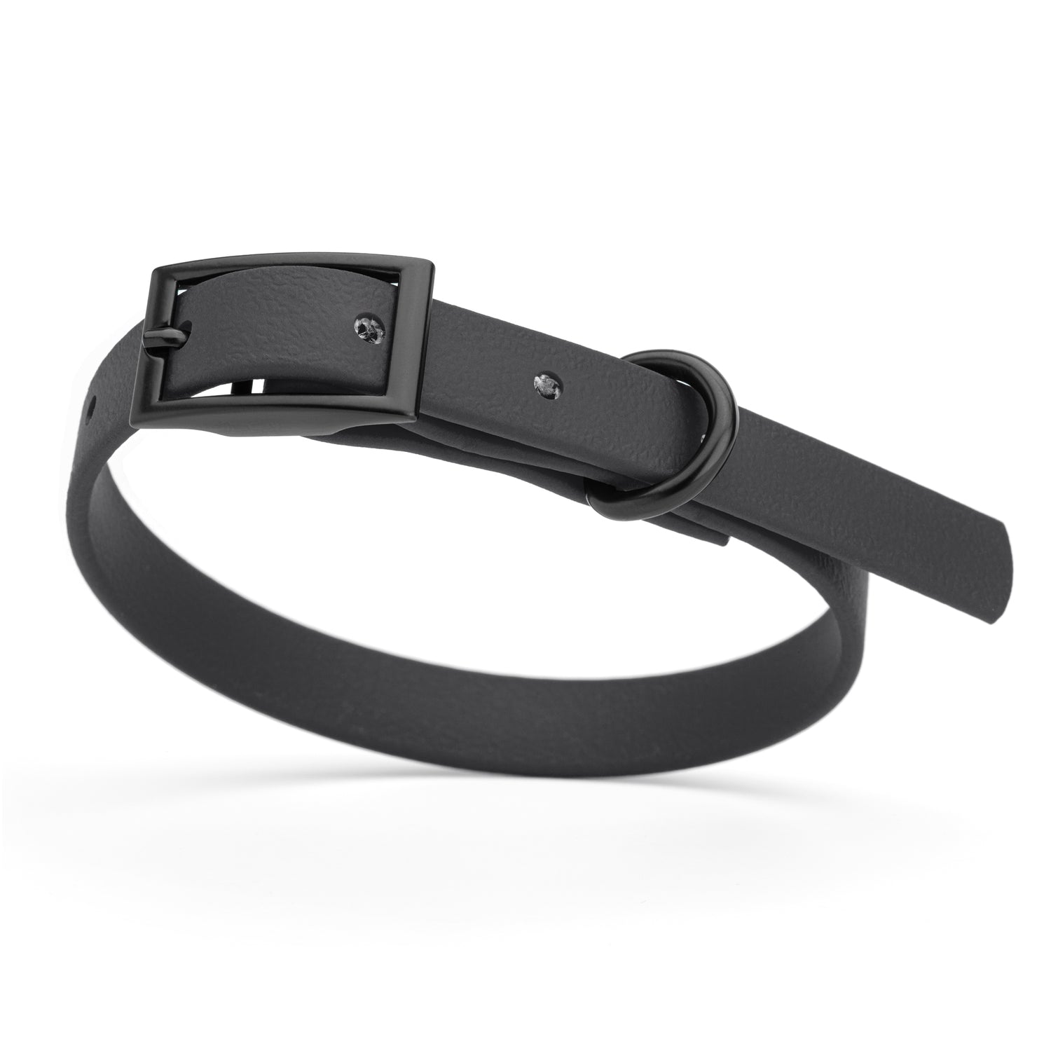 Black dog collar with black buckle and D-ring, made from waterproof Biothane, x-small