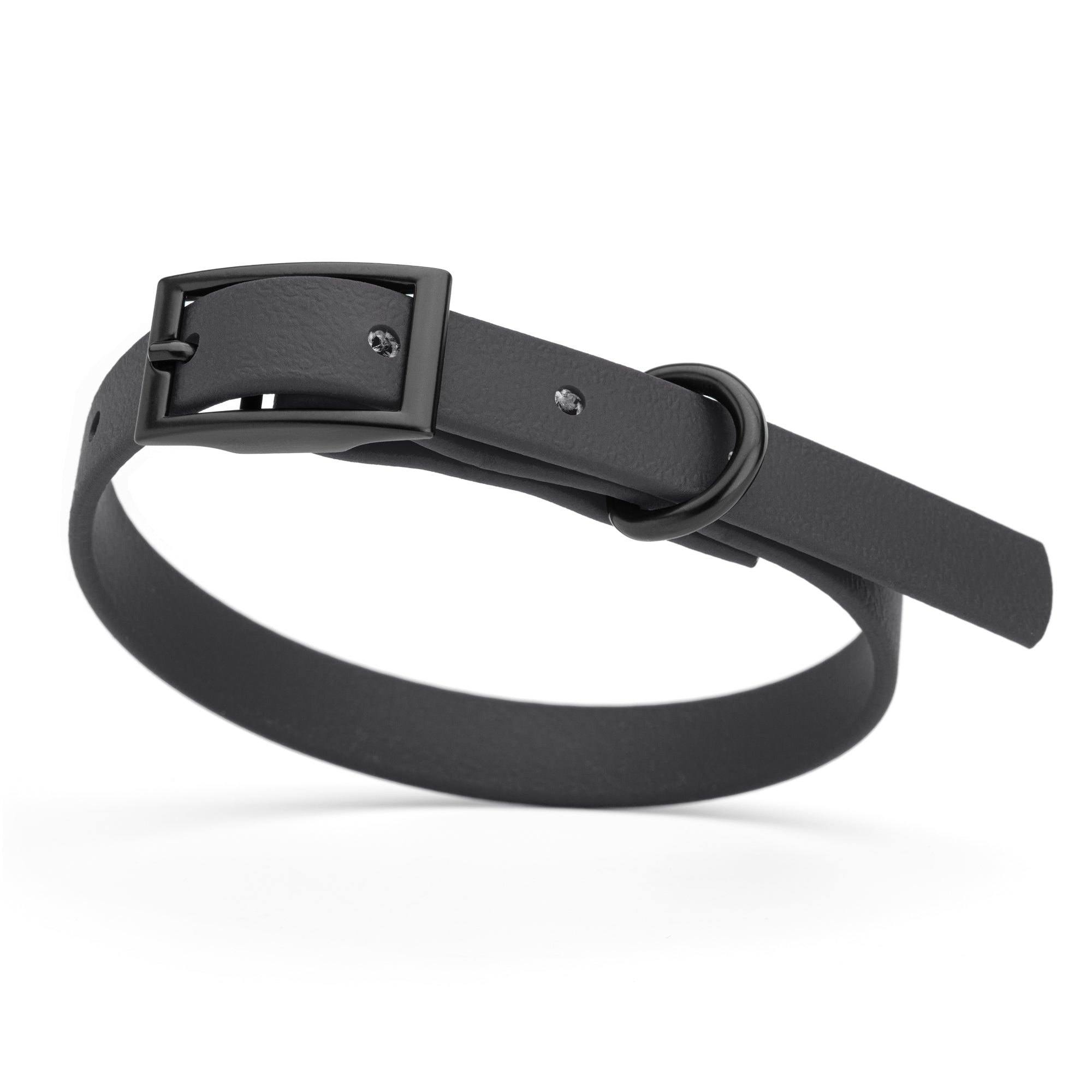 Black dog collar with black buckle and D-ring, made from waterproof Biothane, x-small