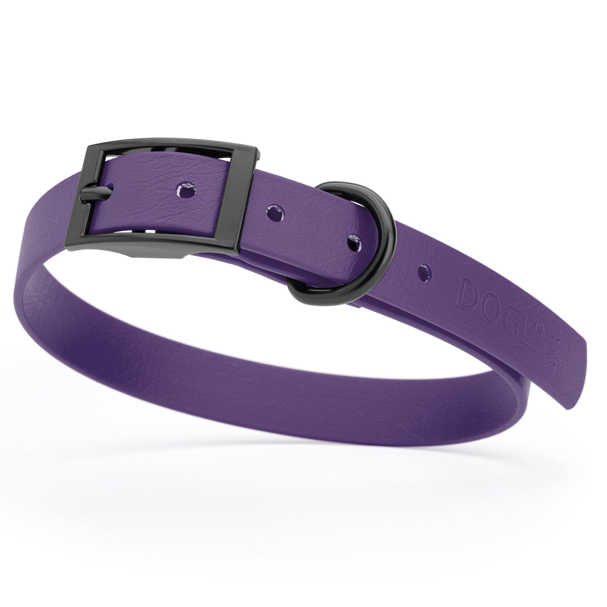 Violet Purple waterproof dog collar with black metal buckle and D-ring, made from BioThane, fits medium dogs