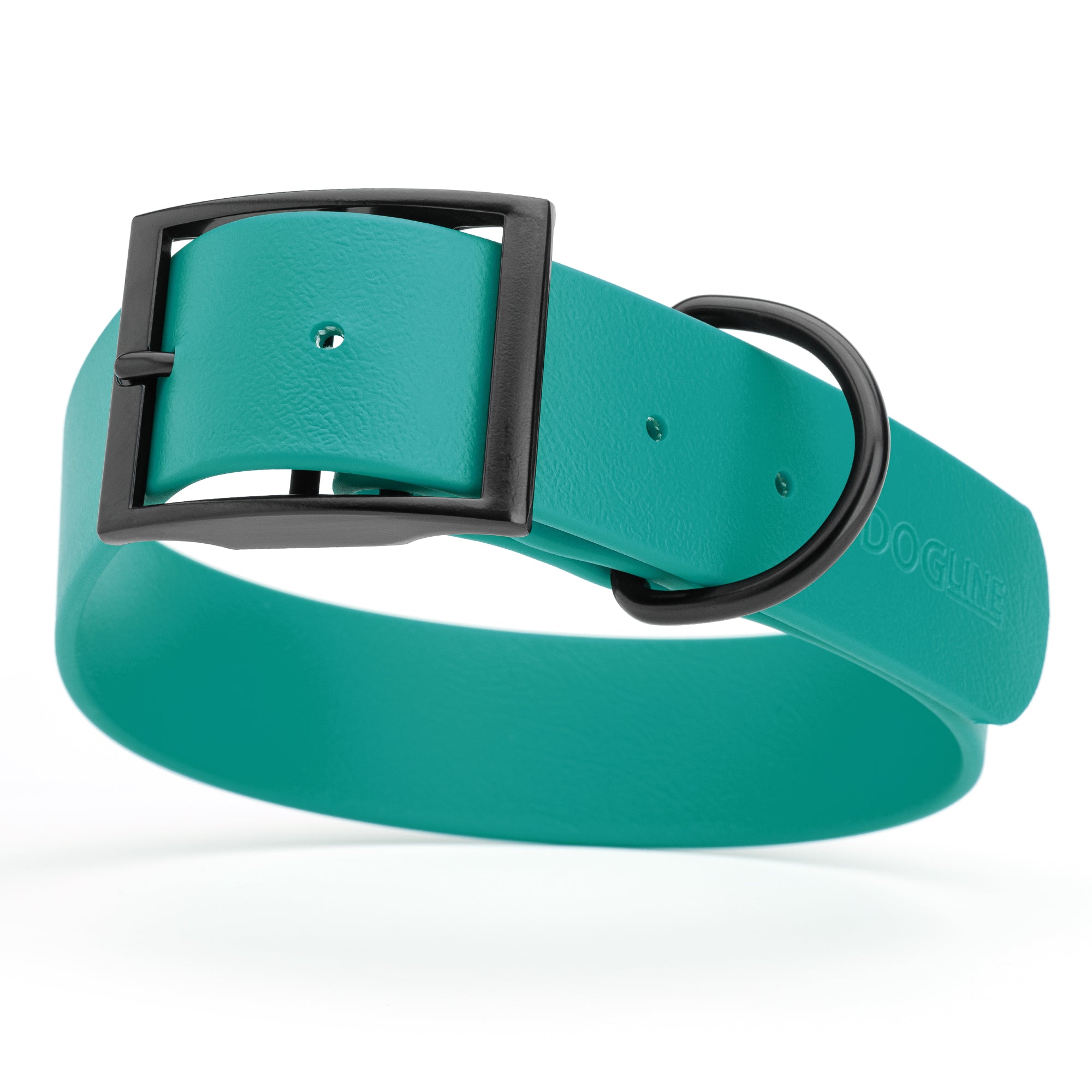 Aqua Blue waterproof collar for large dogs, 1.5 inches wide, made from Biothane, with black metal hardware