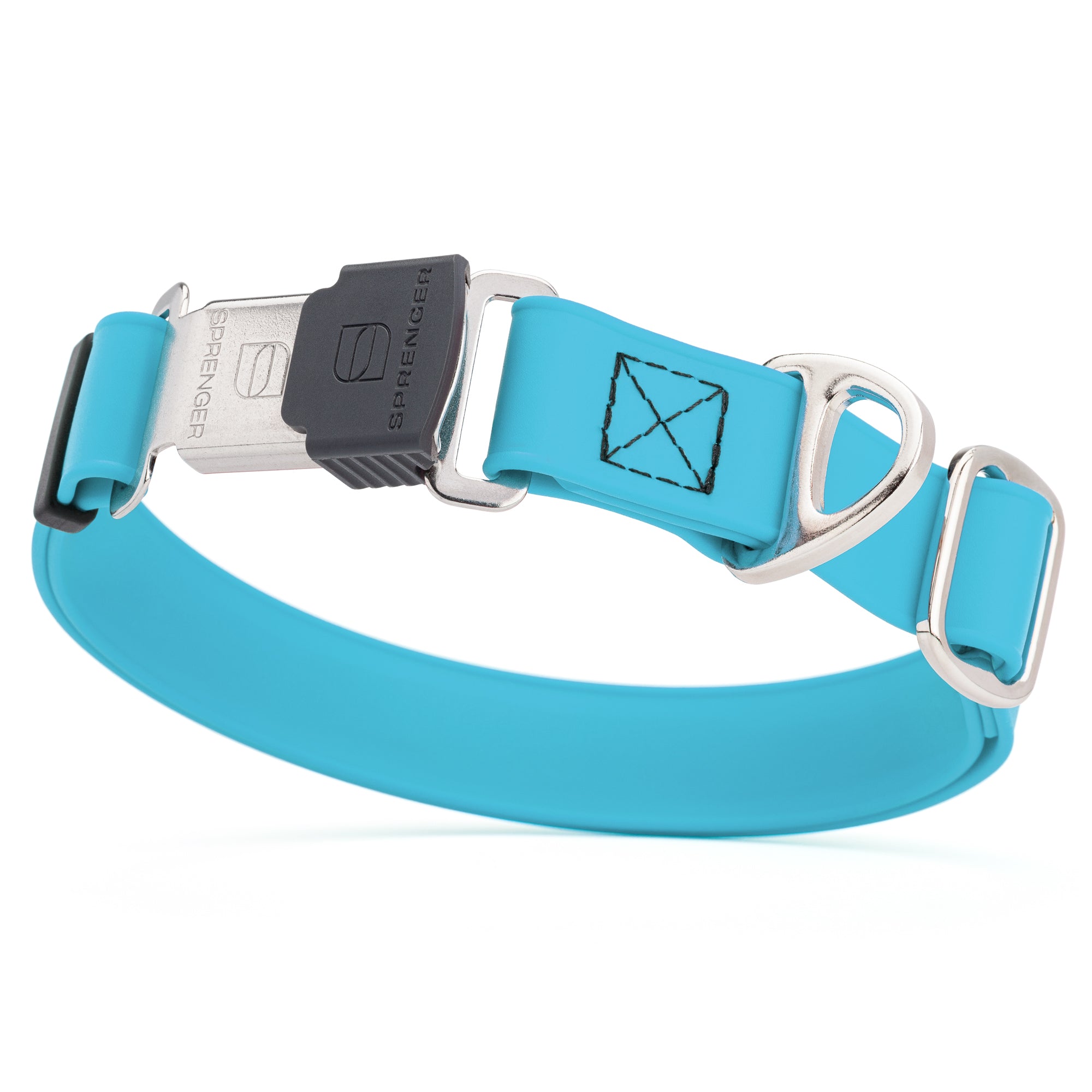 Sky Blue dog collar with stainless steel Herm Sprenger buckle and metal D-ring, made from waterproof Biothane, adjustable