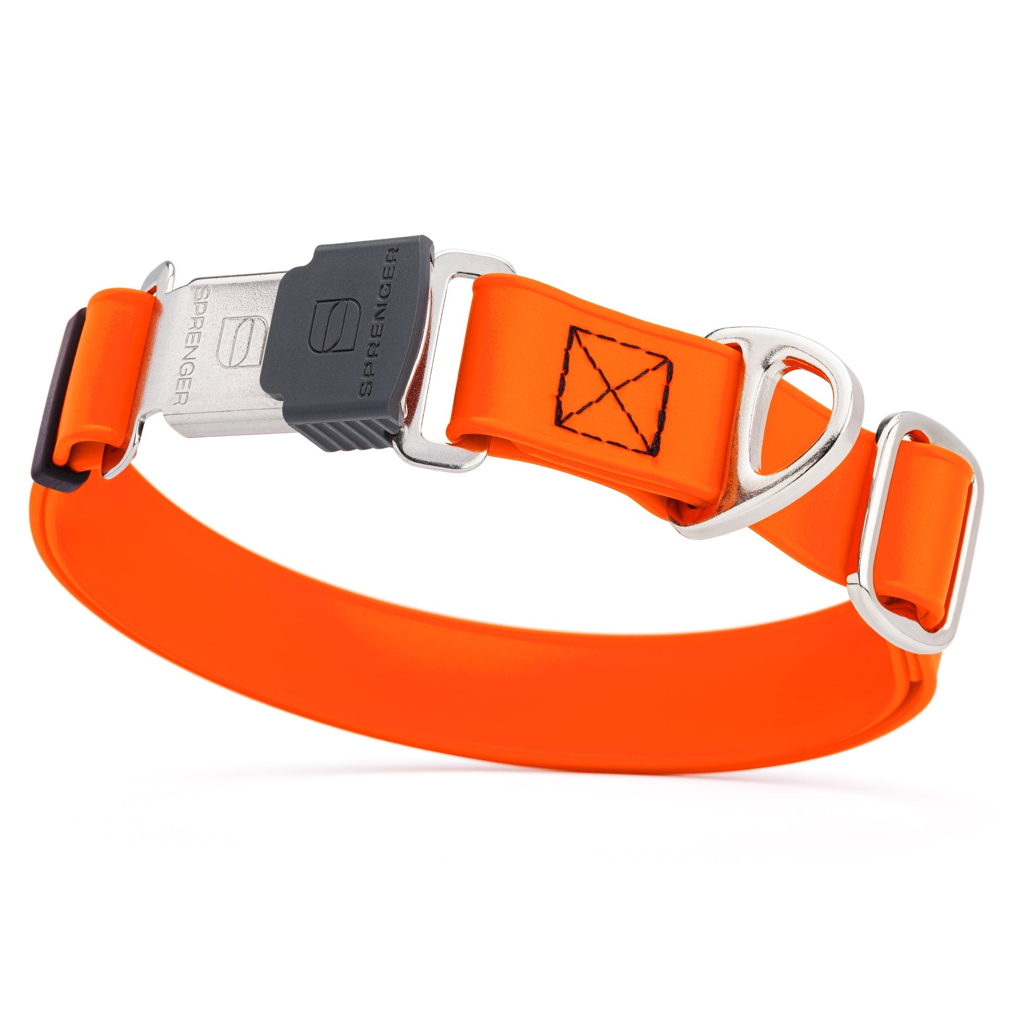 Hunter orange dog collar with stainless steel Herm Sprenger buckle and metal D-ring, made from waterproof Biothane, adjustable
