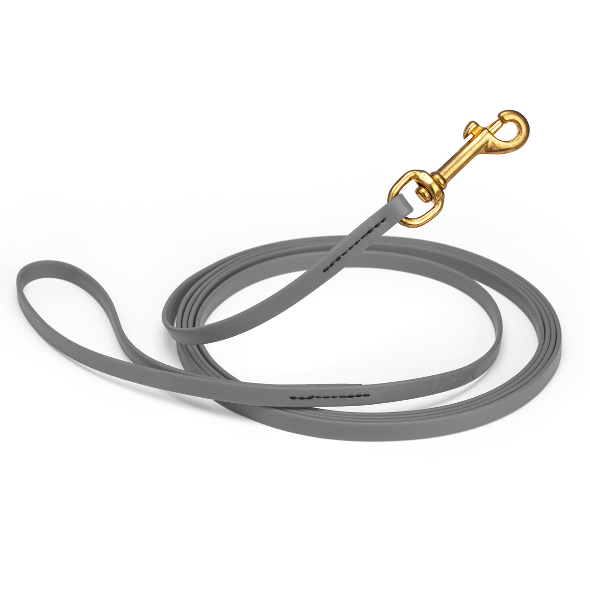 Waterproof Battleship Gray dog leash, 20 ft long, 3/8 in wide, made from Biothane with brass hardware
