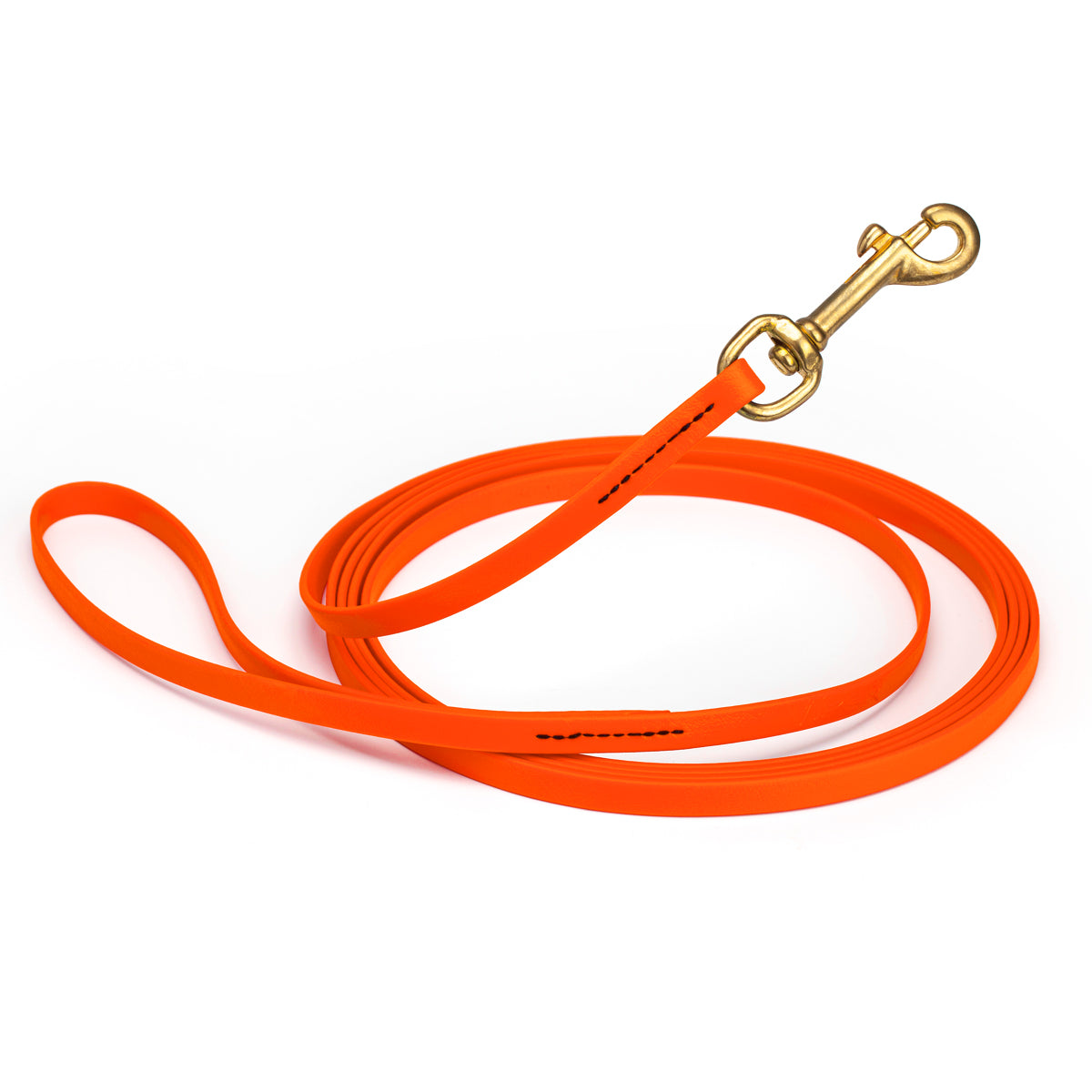 Waterproof Hunter Orange dog leash, 20 ft long, 3/8 in wide, made from Biothane with brass hardware