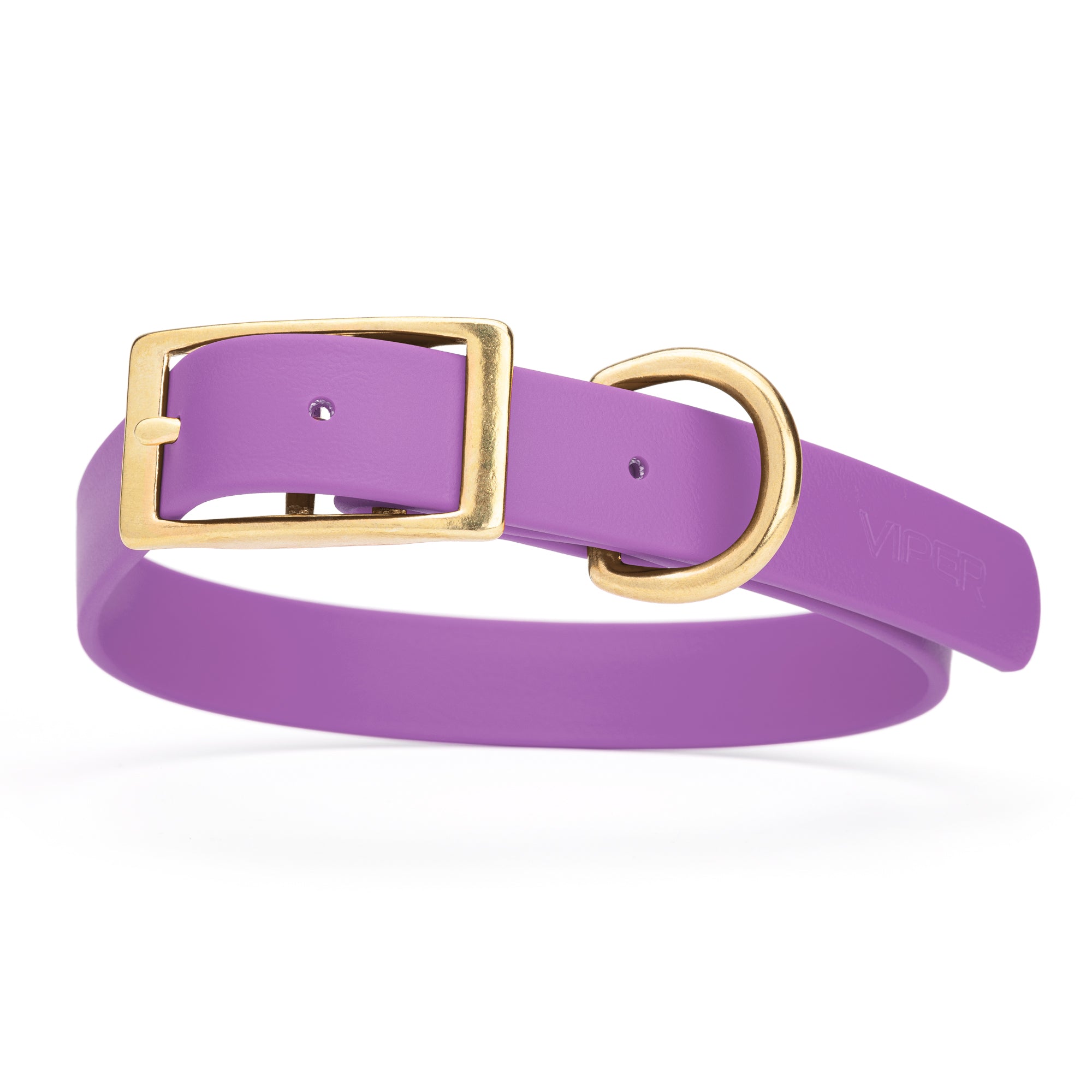 Amethyst Purple dog collar with brass buckle and D-ring, made from waterproof Biothane, 1-inch wide, fits medium and large dogs