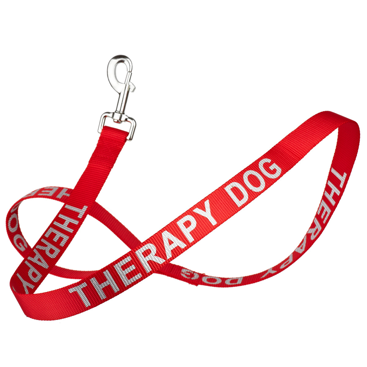 Red nylon dog leash with Therapy Dog lettering reflective text