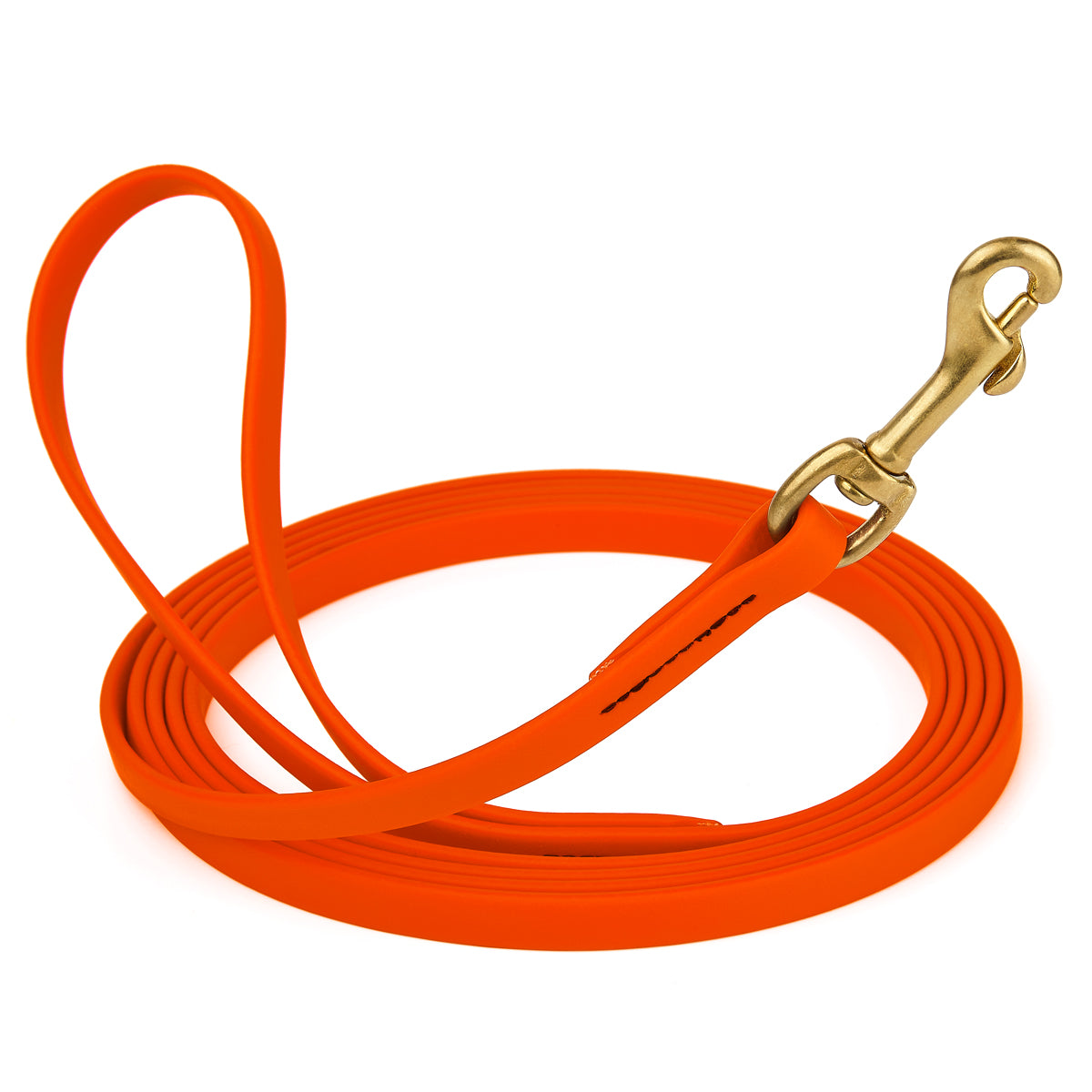 Hunter Orange Biothane leash for dogs with brass snap, length 20 feet, width 1/2 inch