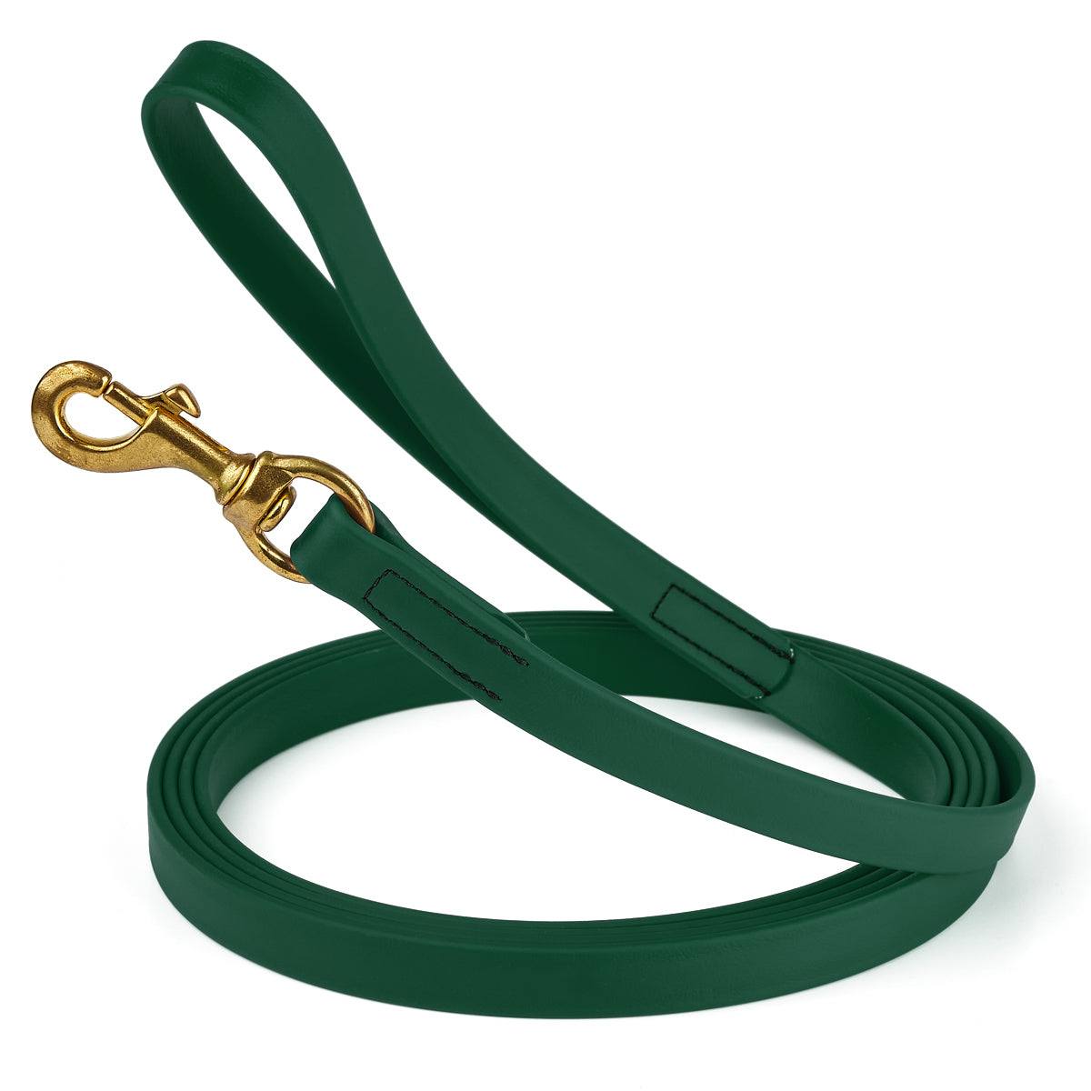 20 ft dog leash with brass snap hook, 3/4in wide, made from waterproof Biothane, Hunter Green