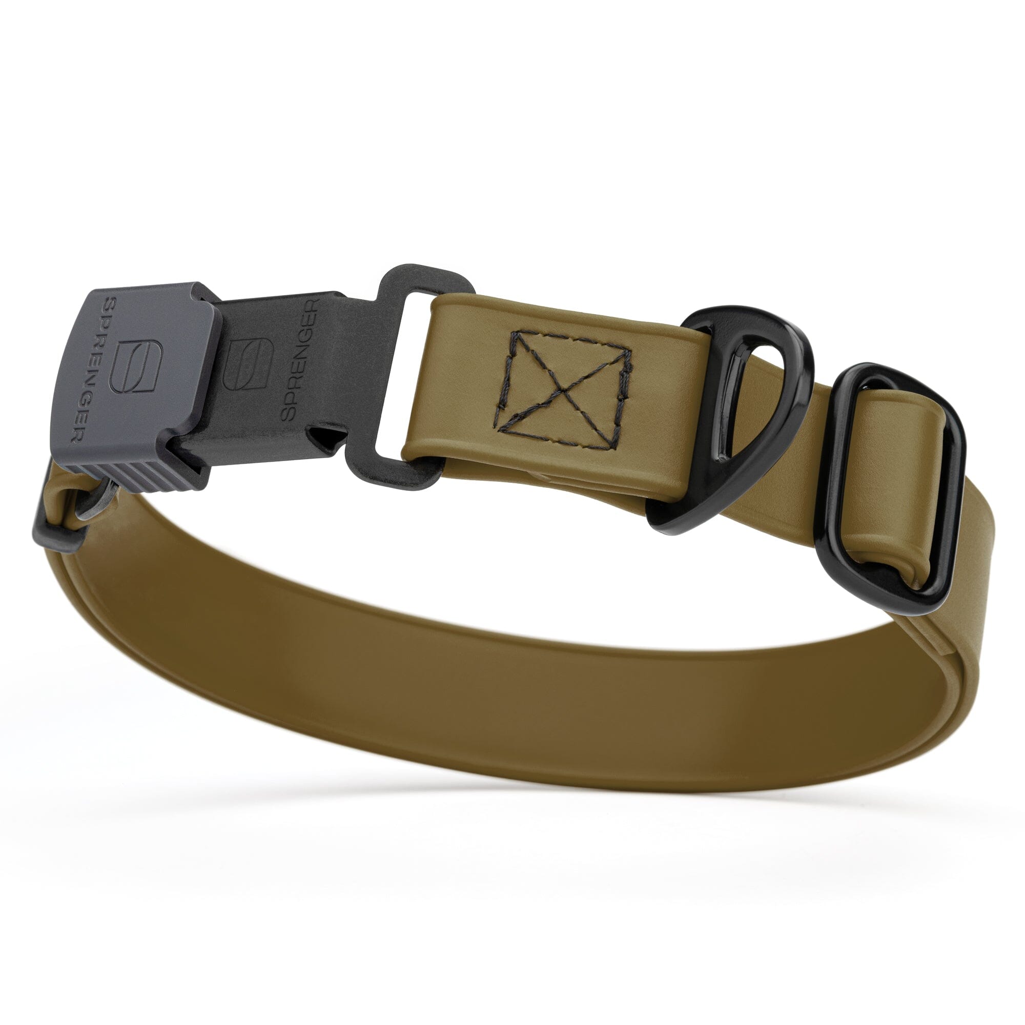 Coyote brown Biothane dog collar with black Herm Sprenger buckle and metal D-ring, waterproof and adjustable