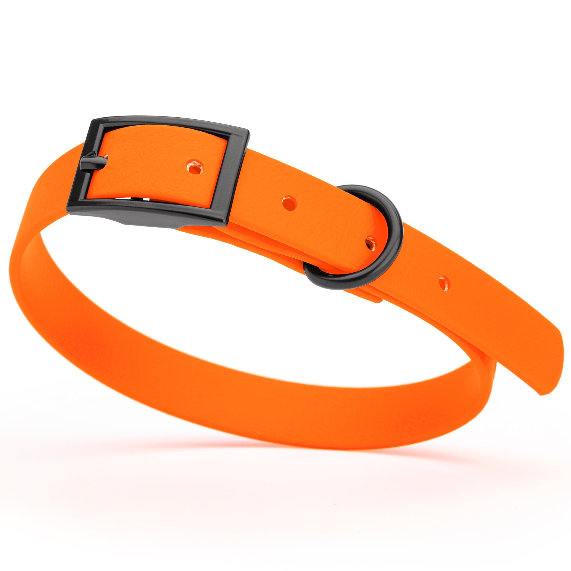 Hunter Orange Biothane dog collar with black metal buckle and D-ring, width 5/8 inches, fits small dogs