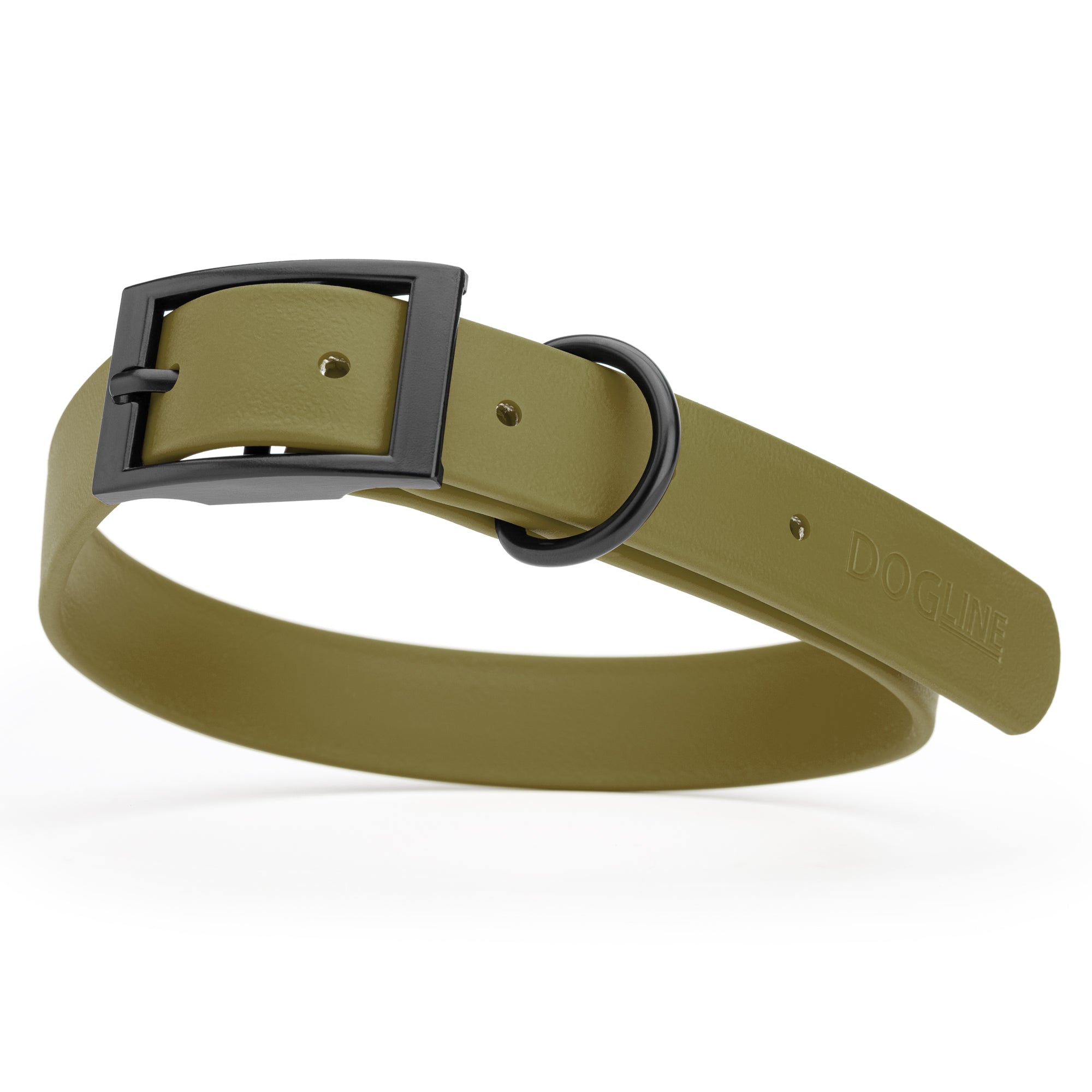 Waterproof Olive Drab Green dog collar with black metal buckle and D-ring, made from Biothane, width: 1 inch, large