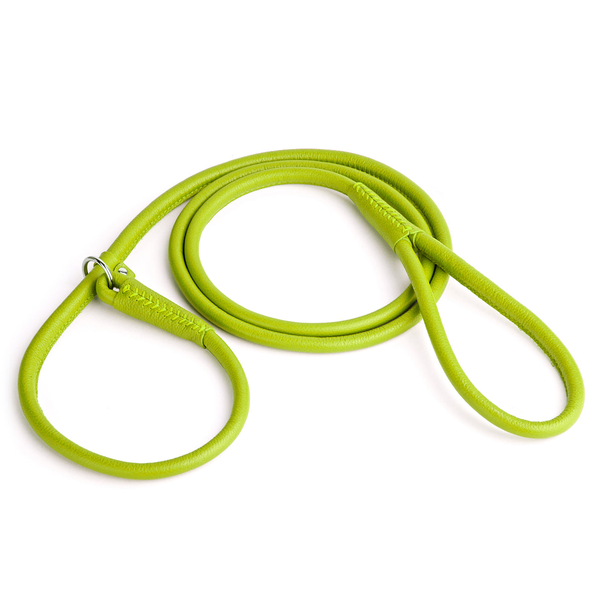 Lime Green leather slip lead with metal stopper ring, 6 feet long