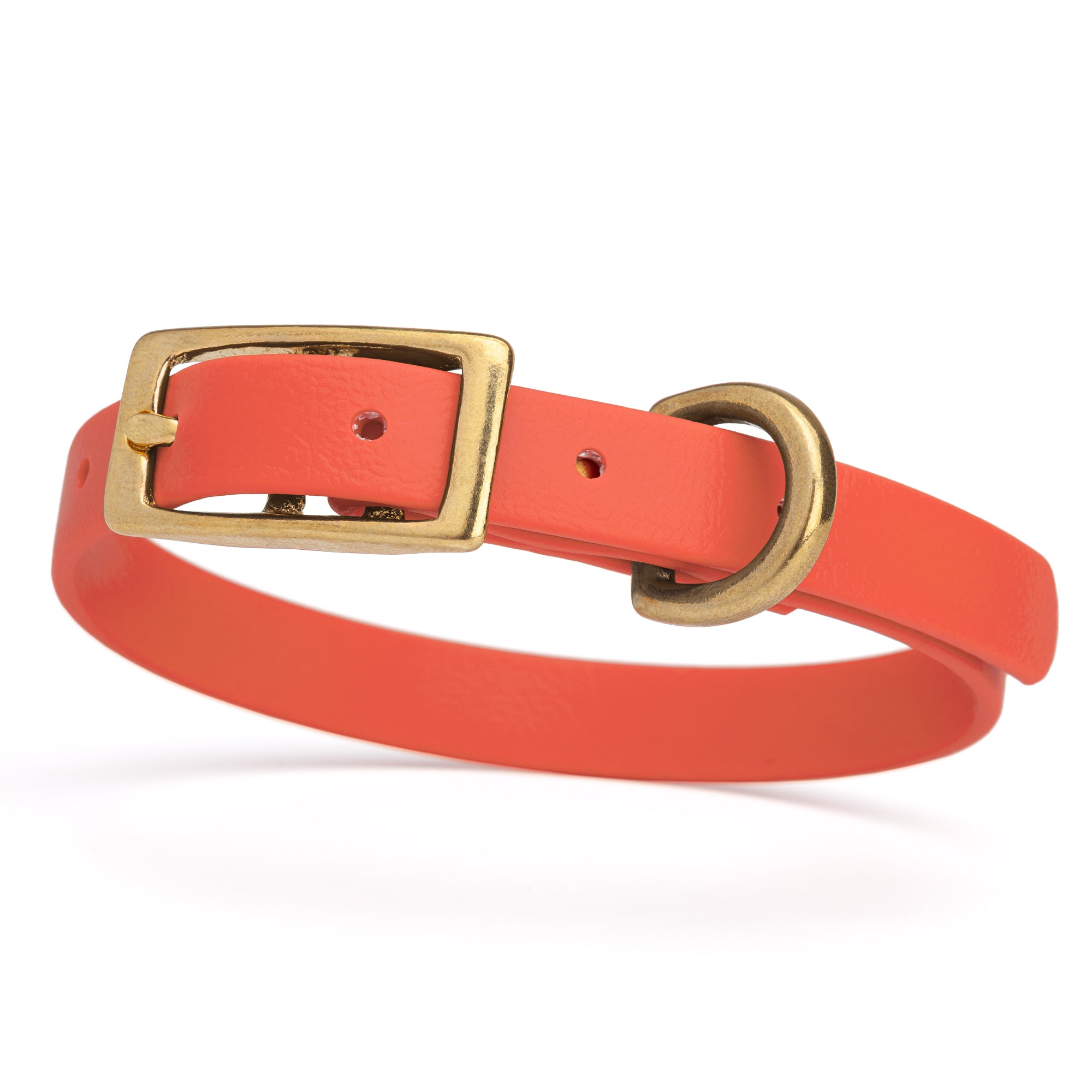 Waterproof collar for small dogs, made from Biothane with brass hardware, width 1/2 inch, Coral