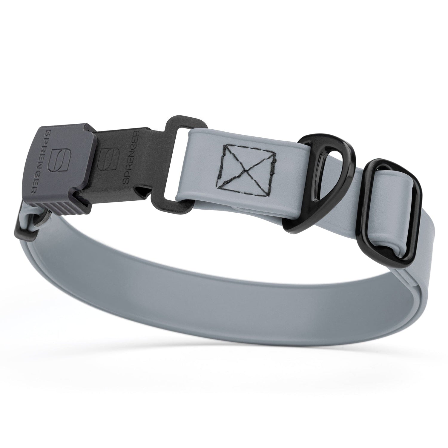 Battleship gray Biothane dog collar with black Herm Sprenger buckle and metal D-ring, waterproof and adjustable