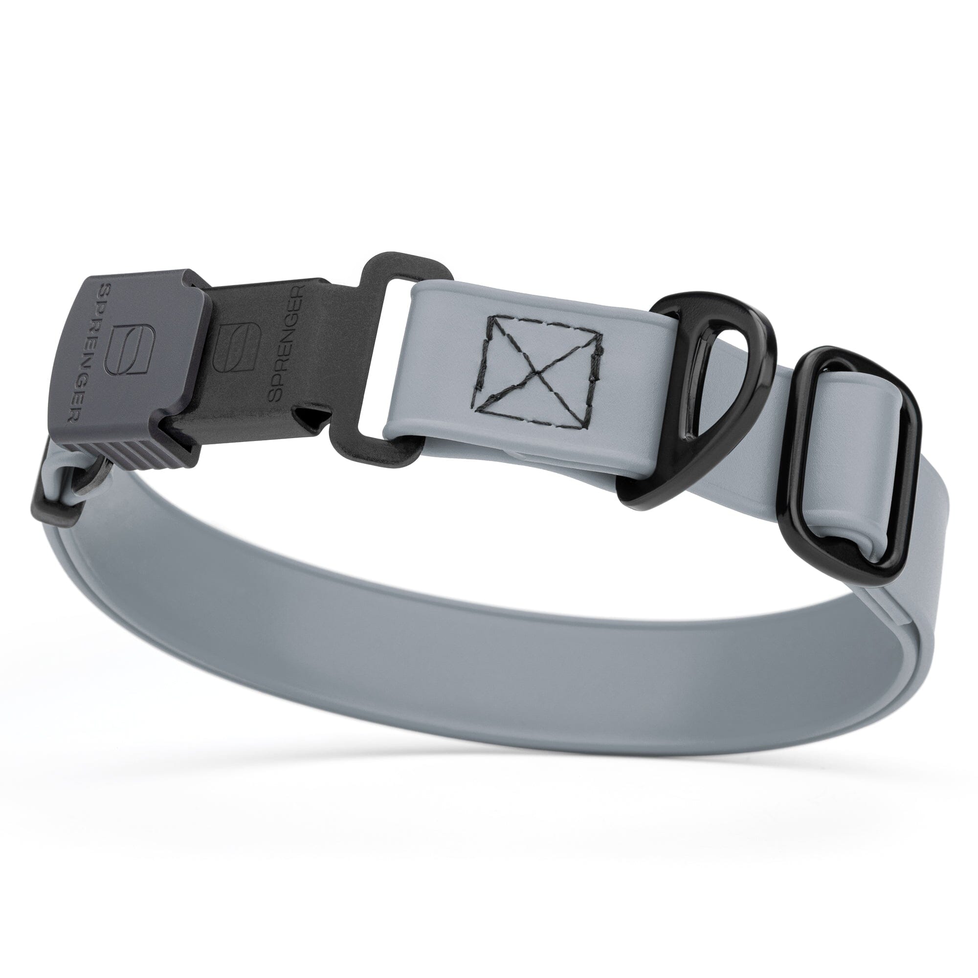 Battleship gray Biothane dog collar with black Herm Sprenger buckle and metal D-ring, waterproof and adjustable