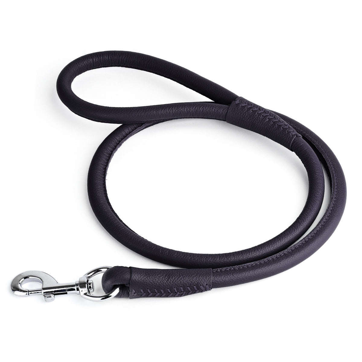 Black leather dog leash with metal swivel snap hook, round design, 4 feet long