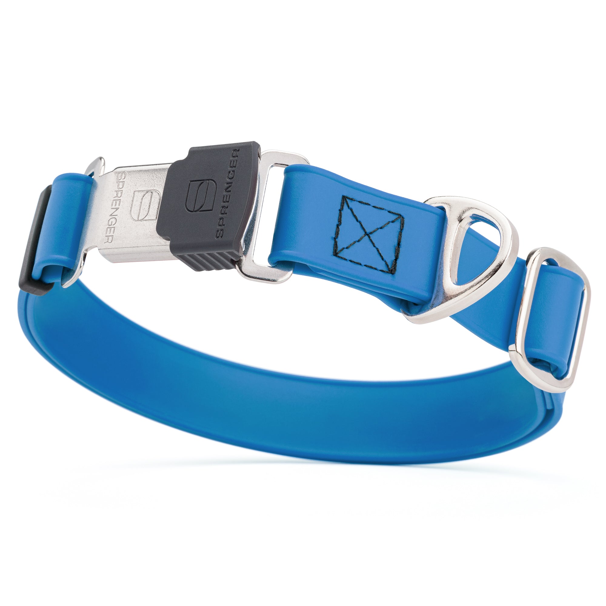 Cerulean blue dog collar with stainless steel Herm Sprenger buckle and metal D-ring, made from waterproof Biothane, adjustable