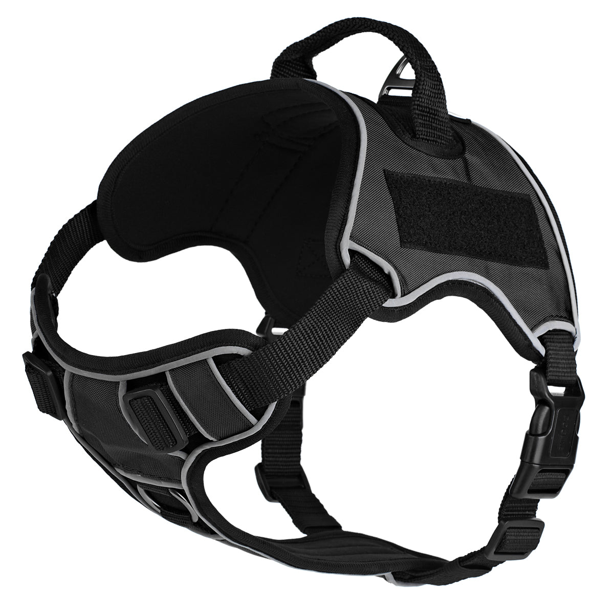 Black dog harness with adjustable straps, quick release buckle, top handle and loop backing for two removable patches