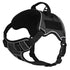 Black dog harness with adjustable straps, quick release buckle, top handle and loop backing for two removable patches