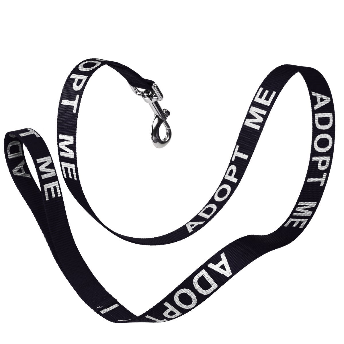 Black nylon dog leash with Adopt Me lettering reflective text