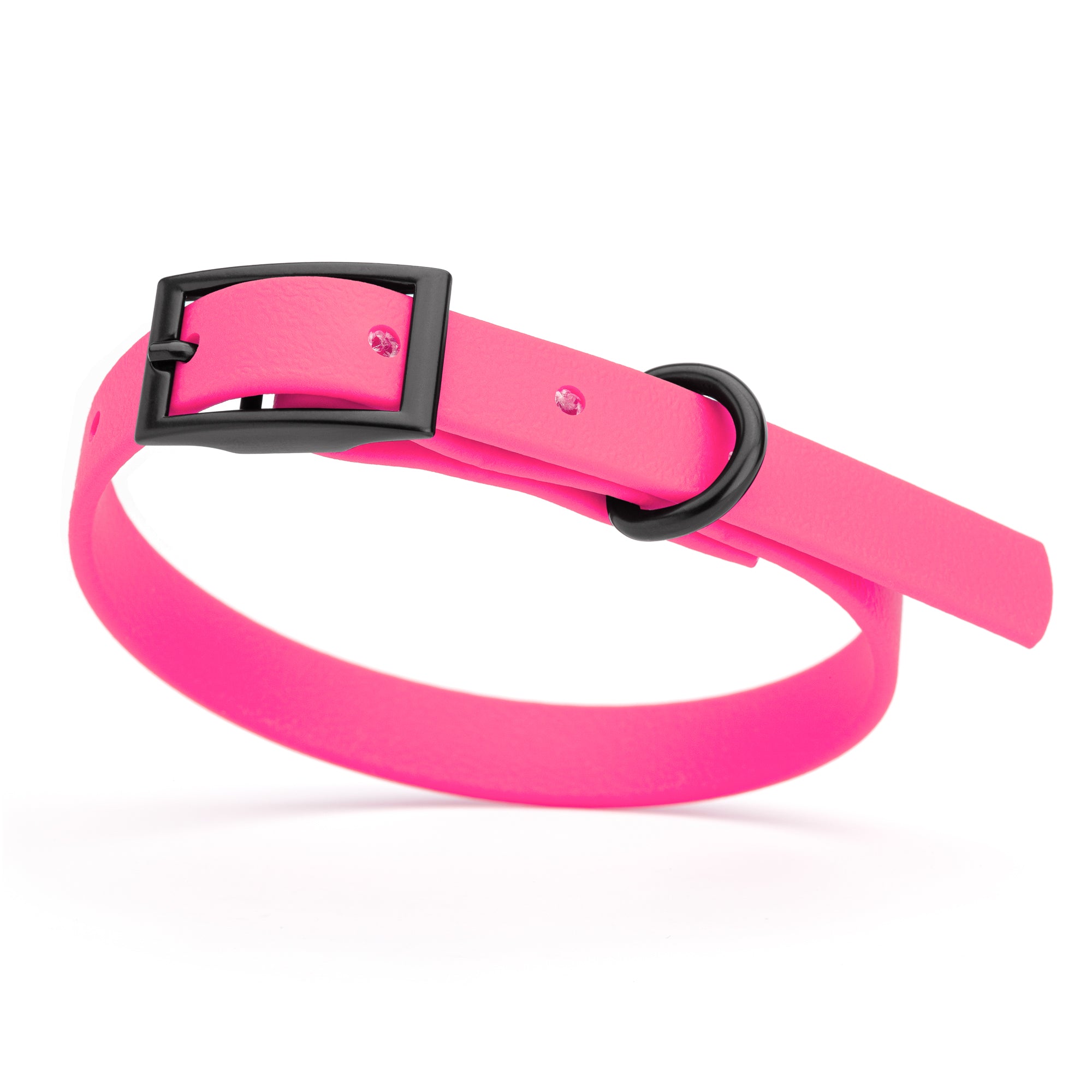Passionfruit Pink dog collar with black buckle and D-ring, made from waterproof Biothane, x-small
