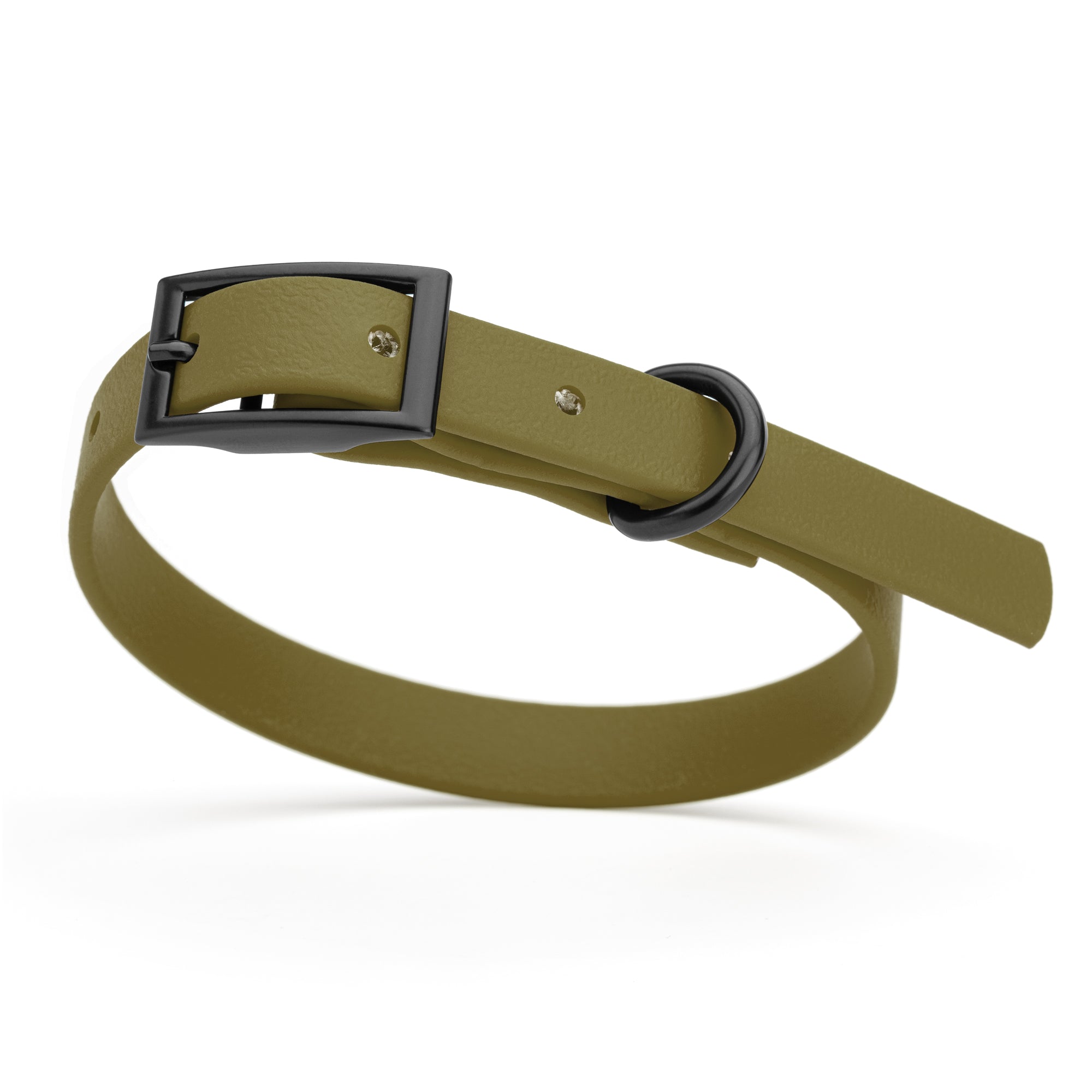Olive Drab Green dog collar with black buckle and D-ring, made from waterproof Biothane, x-small