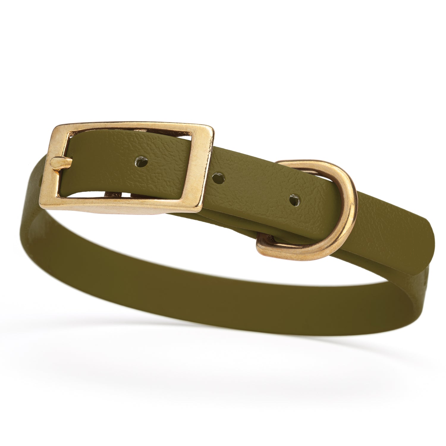 Olive Drab Green collar for small dogs with brass buckle and D-ring, made from waterproof and smell proof Biothane, width 3/4 inch