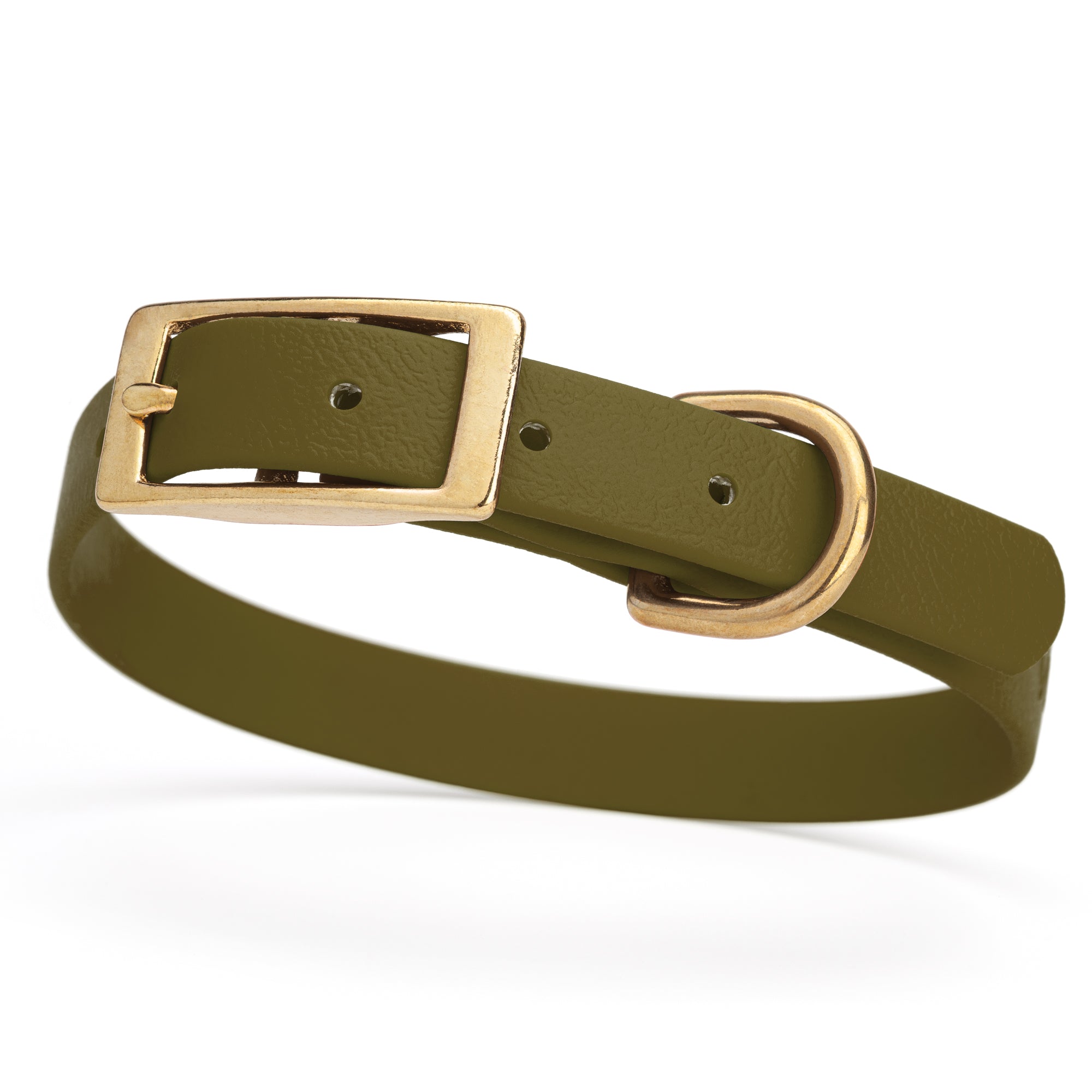 Olive Drab Green collar for small dogs with brass buckle and D-ring, made from waterproof and smell proof Biothane, width 3/4 inch