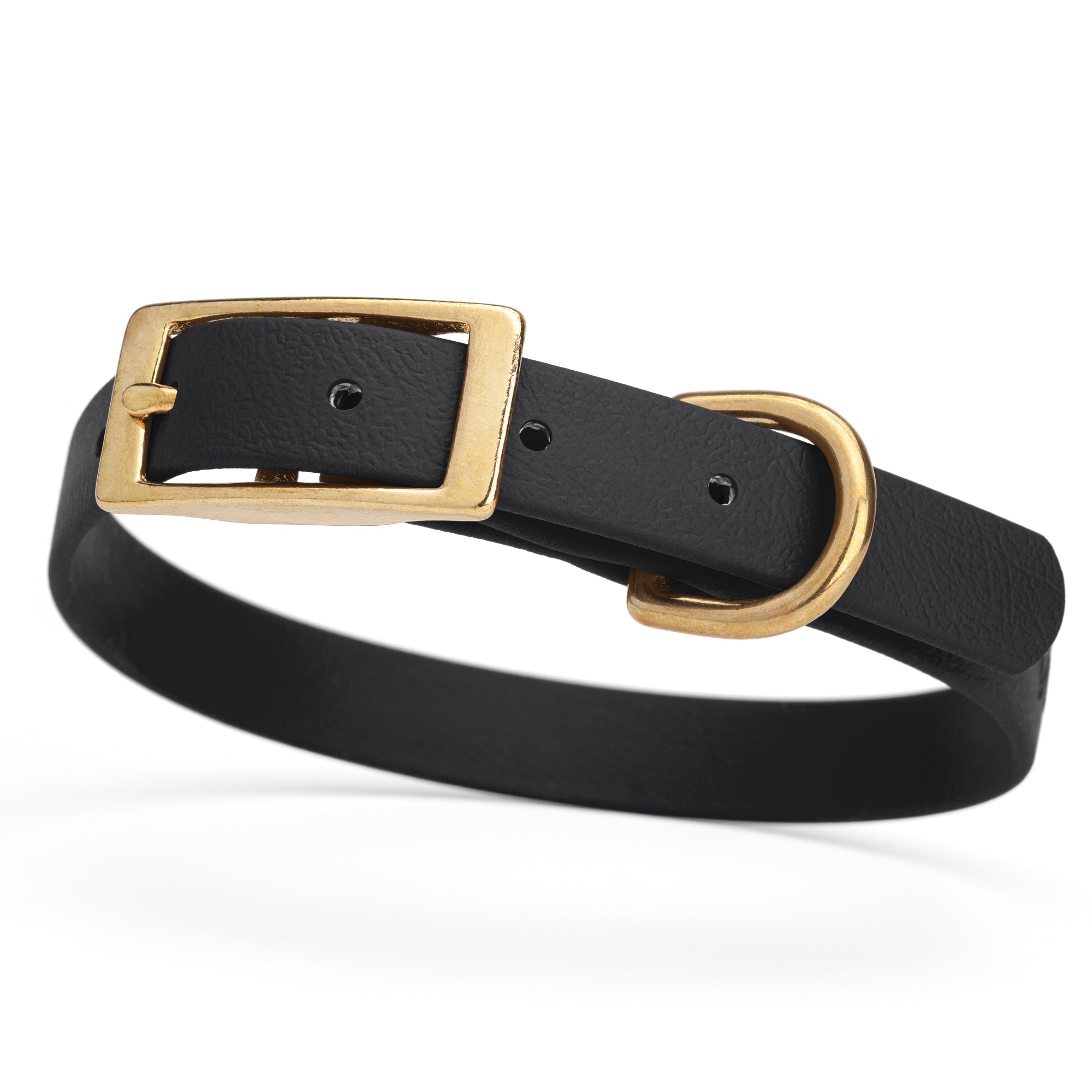 Black collar for small dogs with brass buckle and D-ring, made from waterproof and smell proof Biothane, width 3/4 inch