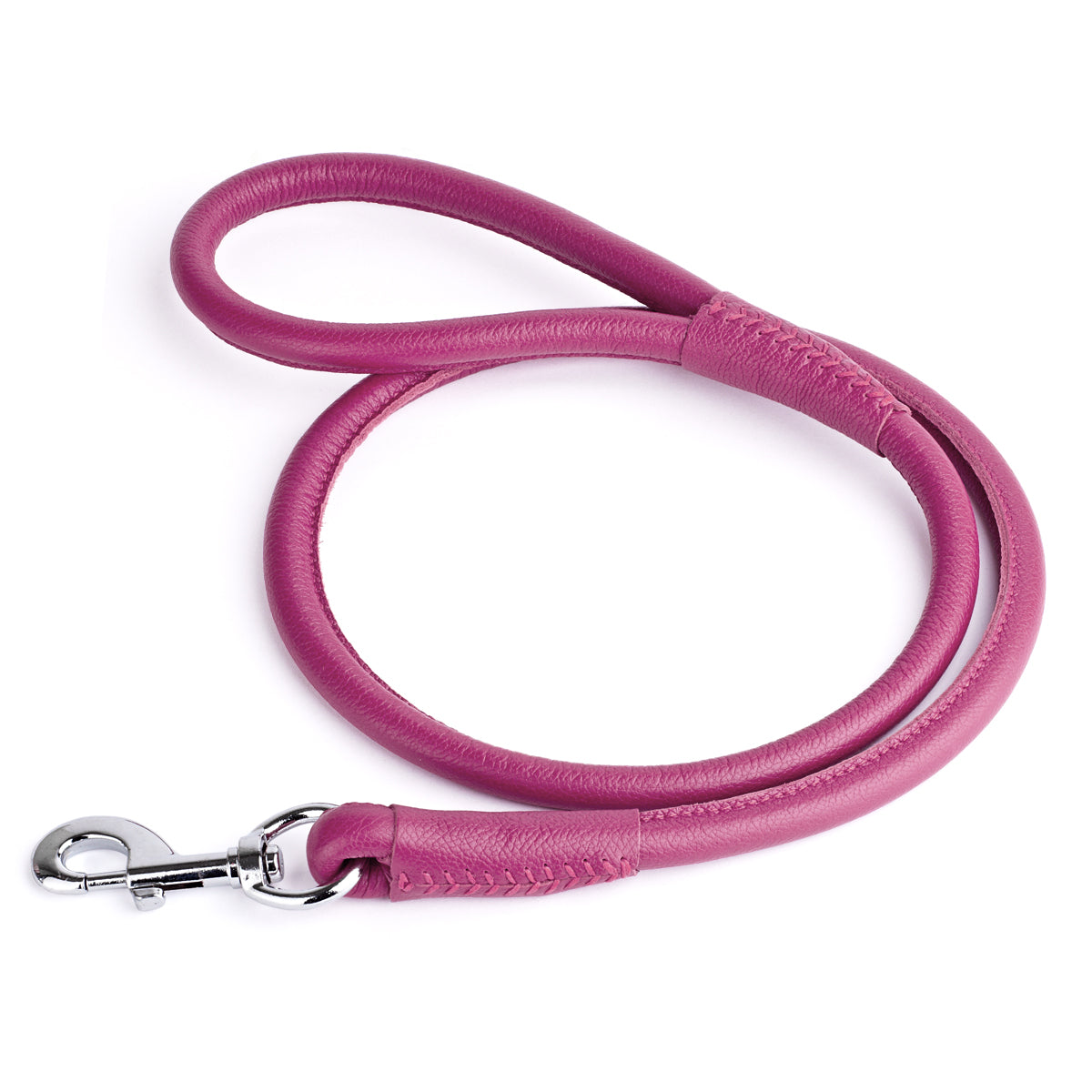 Pink leather dog leash with metal swivel snap hook, round design, 4 feet long