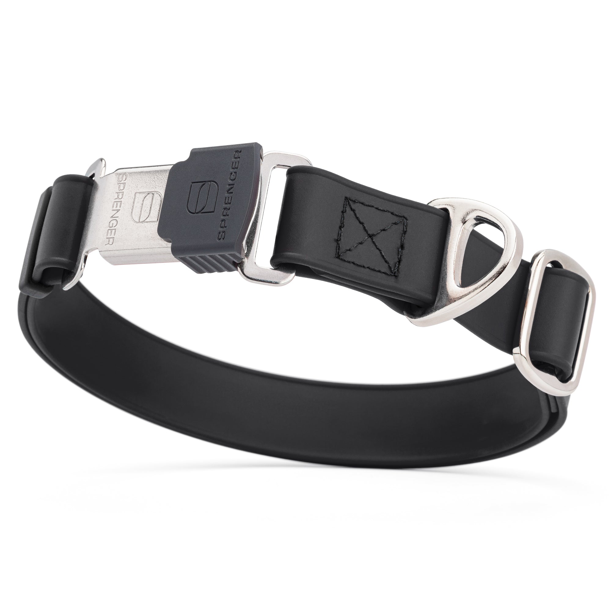 Black dog collar with stainless steel Herm Sprenger buckle and metal D-ring, made from waterproof Biothane, adjustable