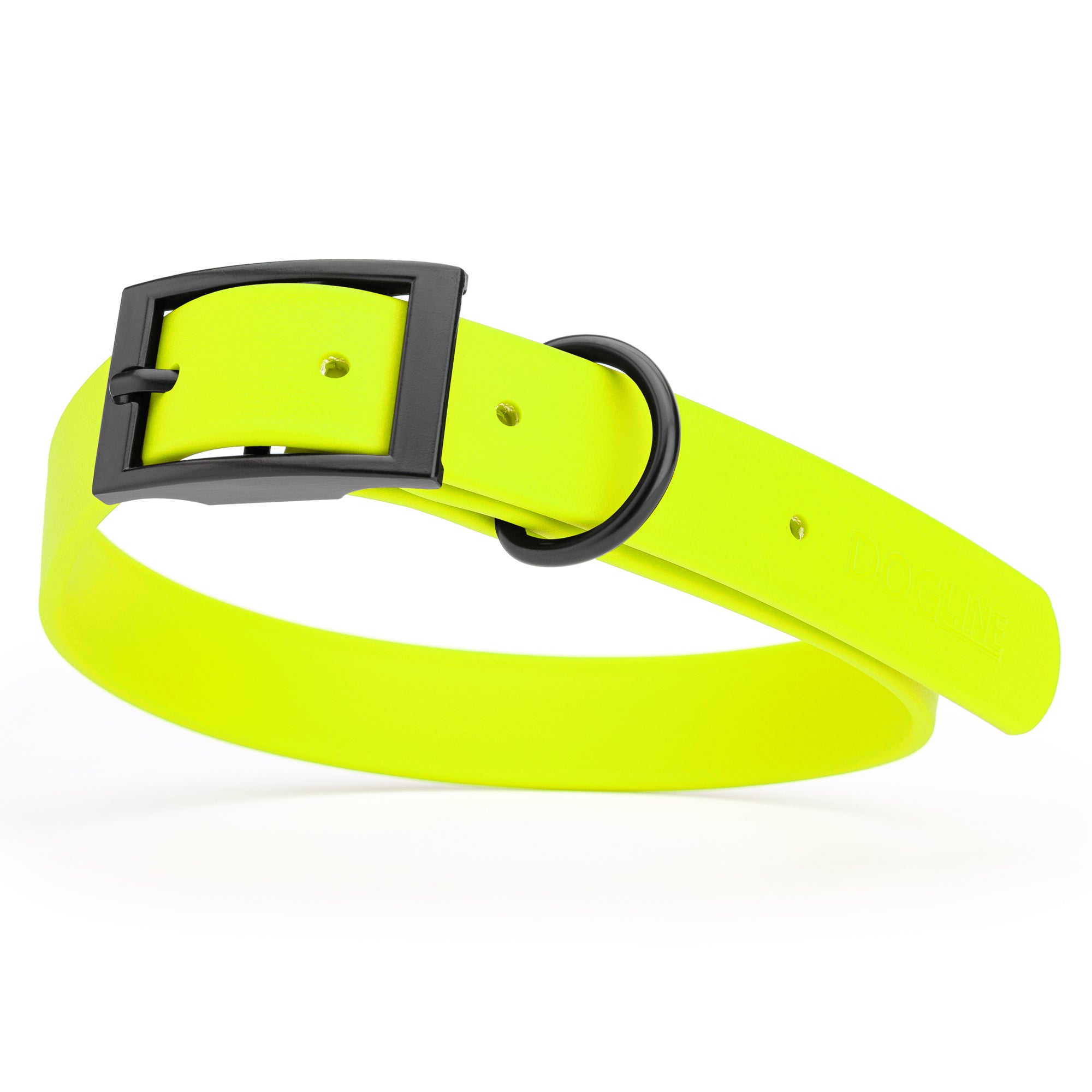 Waterproof Safety Yellow dog collar with black metal buckle and D-ring, made from Biothane, width: 1 inch, large