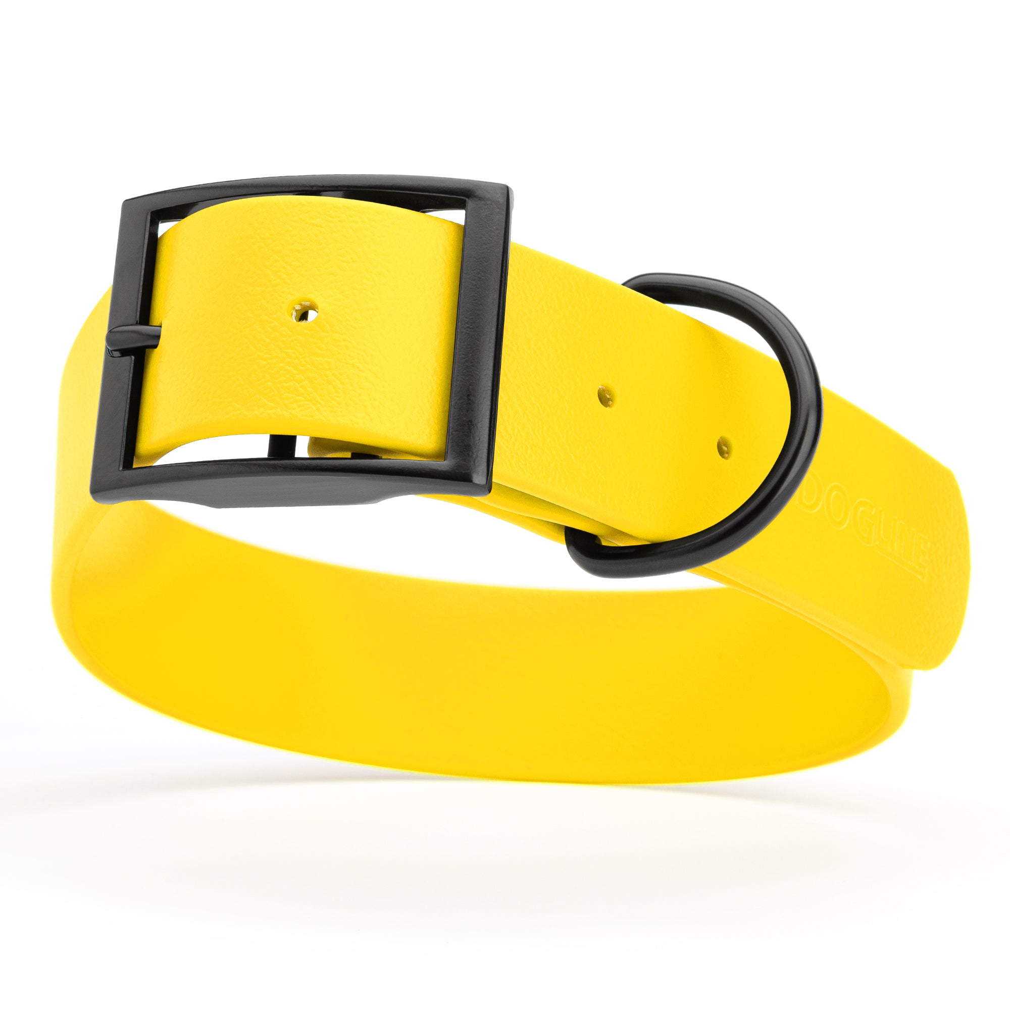 Lemon Yellow Biothane waterproof collar for large and giant dogs, width 1.5 inches, black metal buckle and D-ring