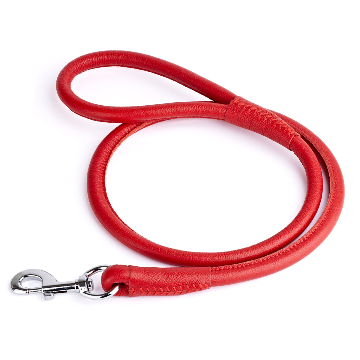 Red leather dog leash with metal swivel snap hook, round design, 4 feet long