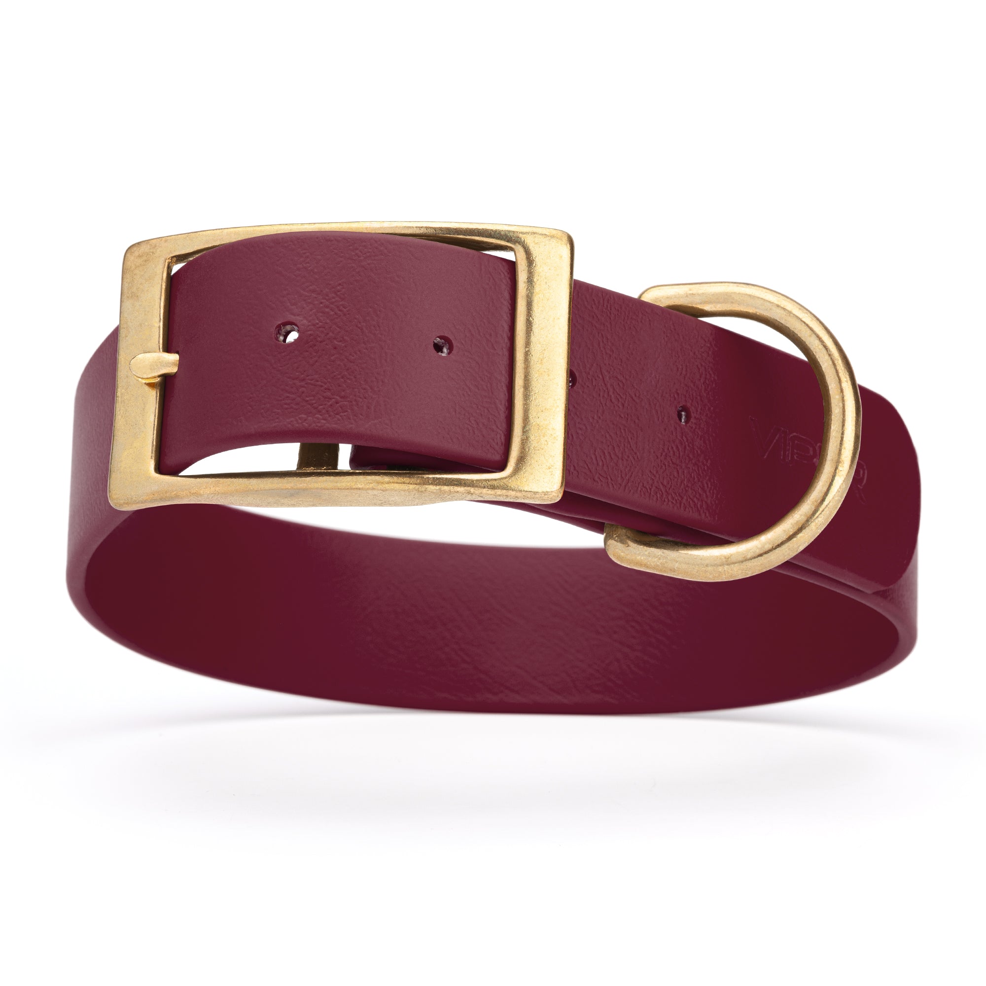Merlot Burgundy dog collar with brass buckle and D-ring, made from waterproof Biothane, 1.5-inch wide, fits large and giant dogs