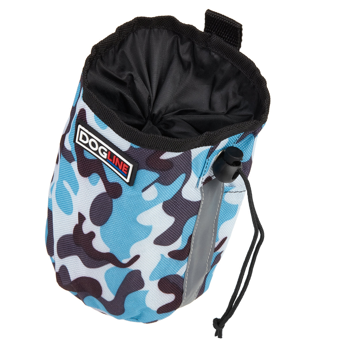 Blue Camo dog treat pouch with drawstring, reflective strip and waste bag dispenser