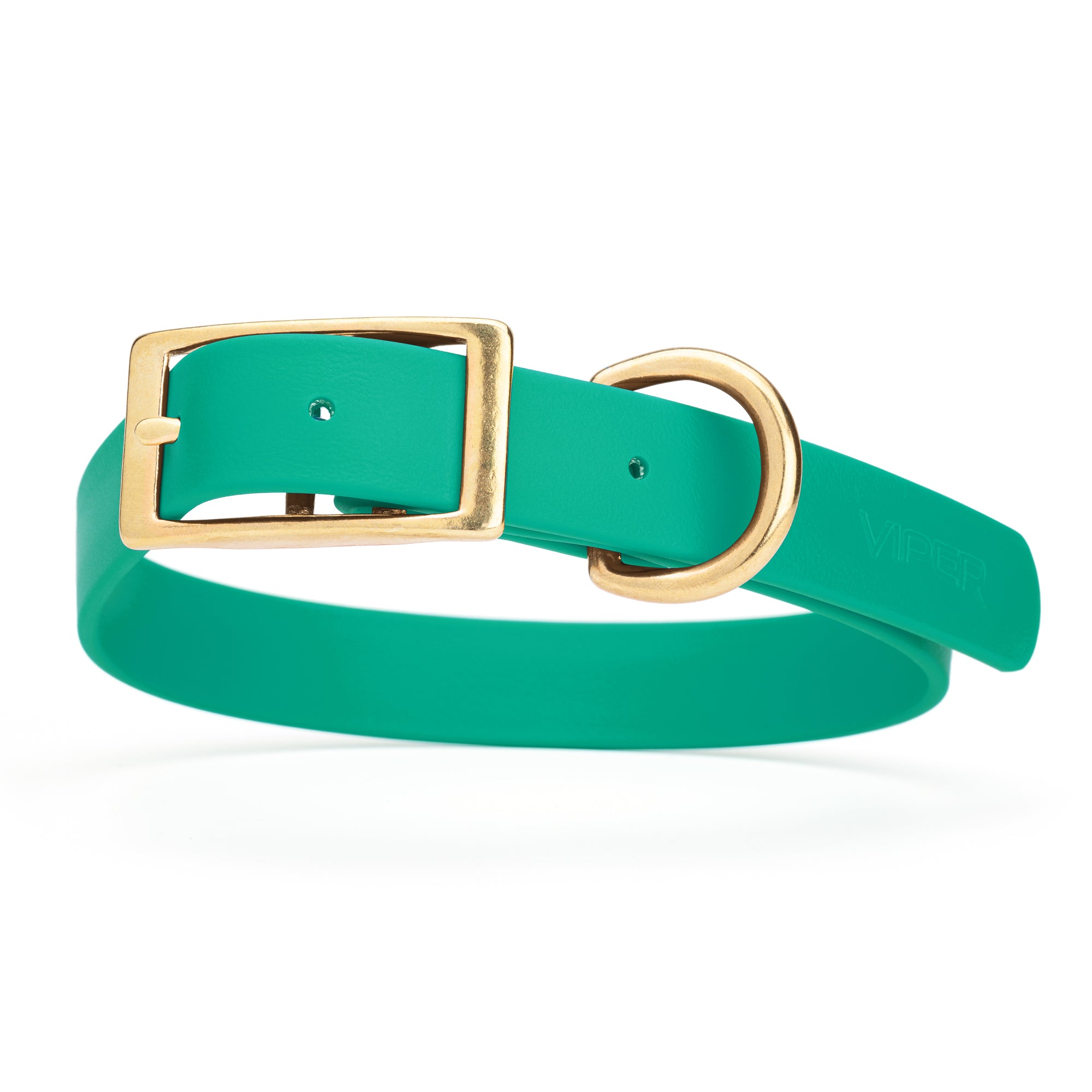 Teal dog collar with brass hardware, made from waterproof Biothane, 1-inch wide, fits large dogs