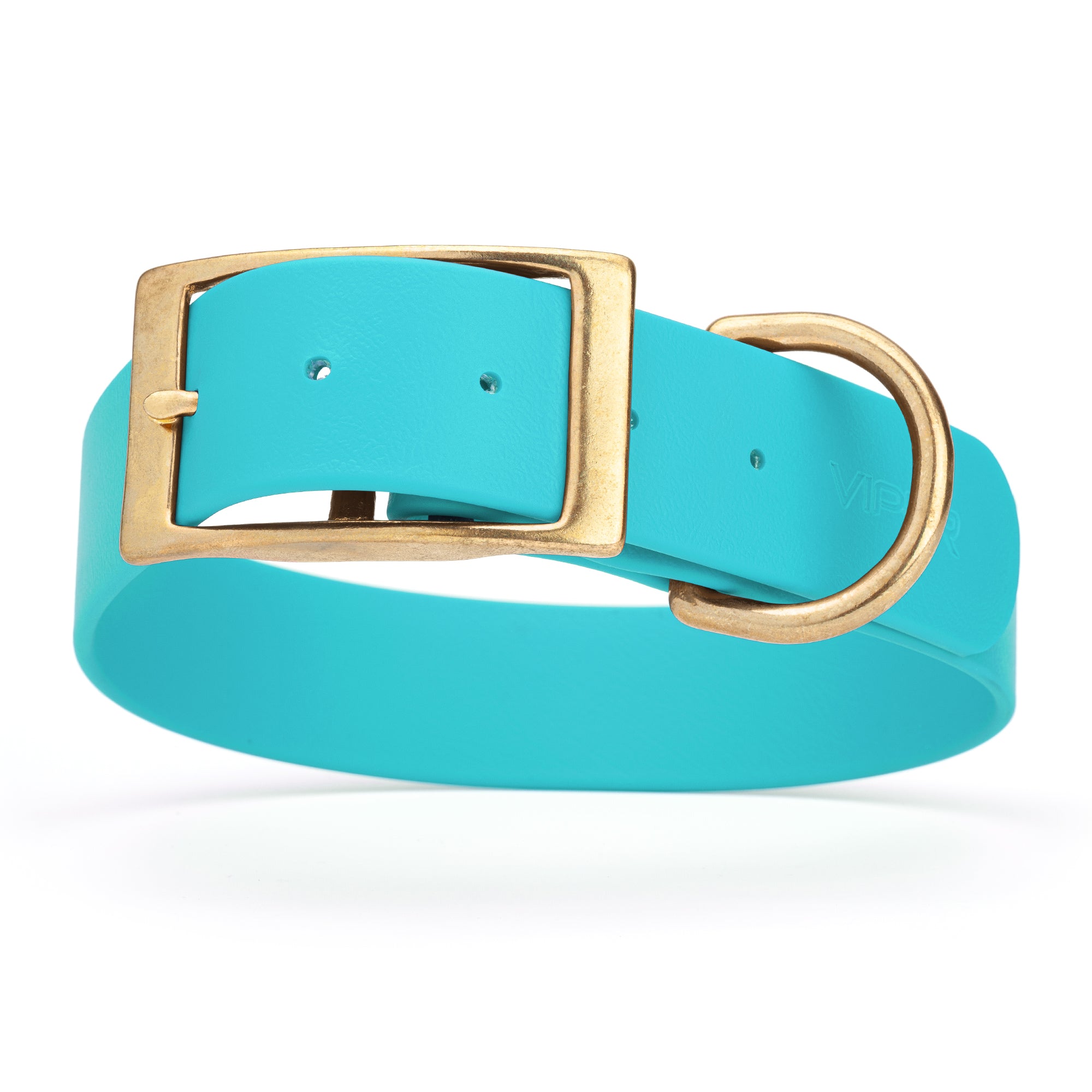 Sky Blue dog collar with brass buckle and D-ring, made from waterproof Biothane, 1.5-inch wide, fits large and giant dogs