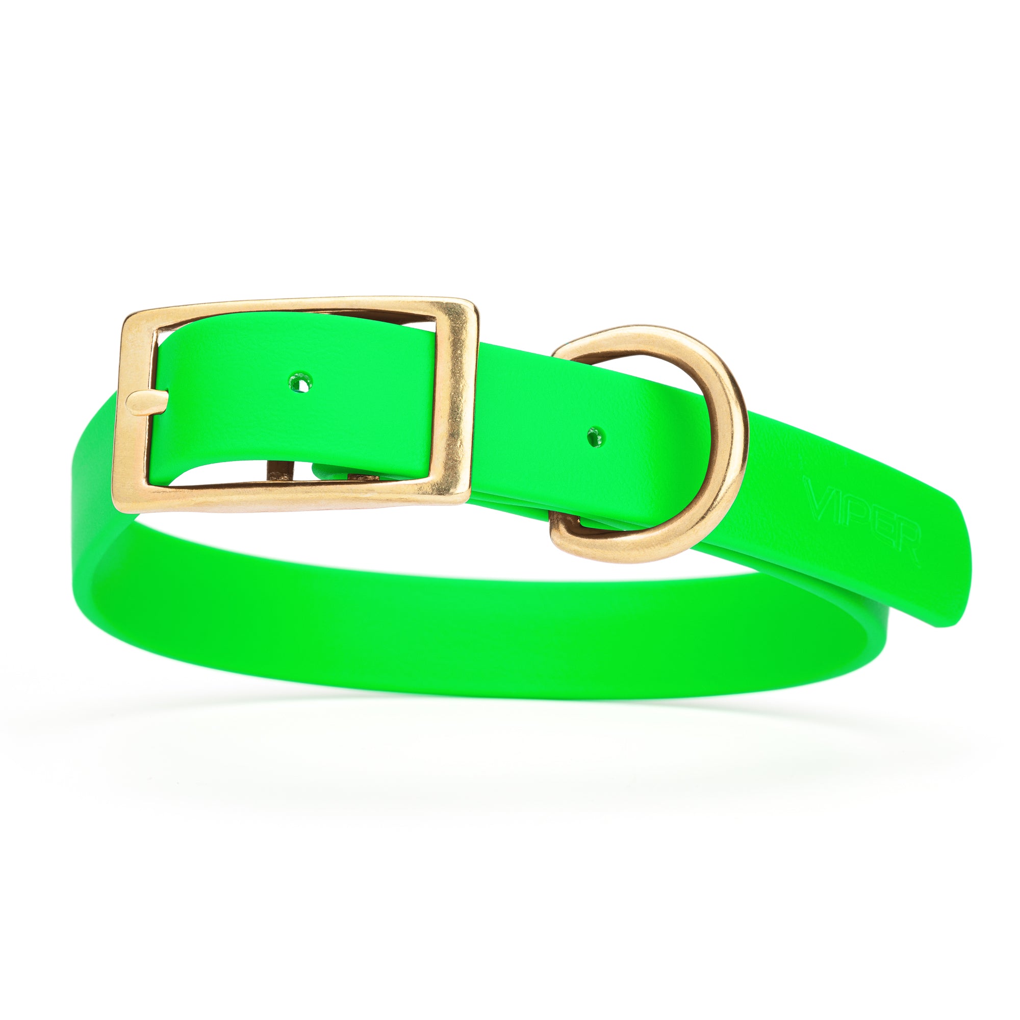 Tropical Green dog collar with brass buckle and D-ring, made from waterproof Biothane, 1-inch wide, fits medium and large dogs